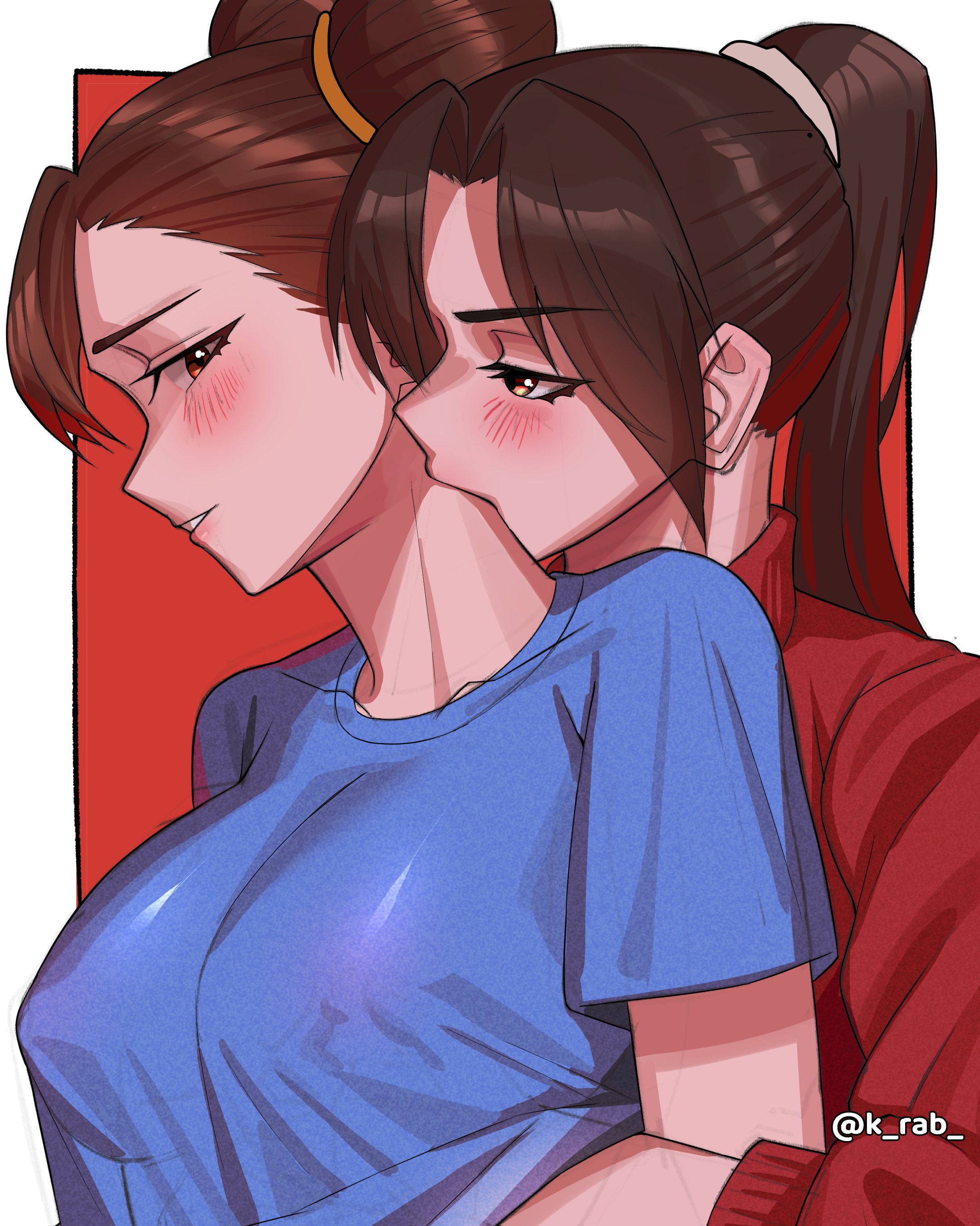 2d, 2girls, big breasts, biting neck, breasts, brown hair, chun-li, covered nipples, crossover, death battle, fatal fury, female, female only, female/female, groping breasts, hand under clothes, hand under shirt, k rab , king of fighters, large breasts, lesbian, mai shiranui, multiple females, multiple girls, neck bite, nipple tweak, no bra, street fighter, yuri
