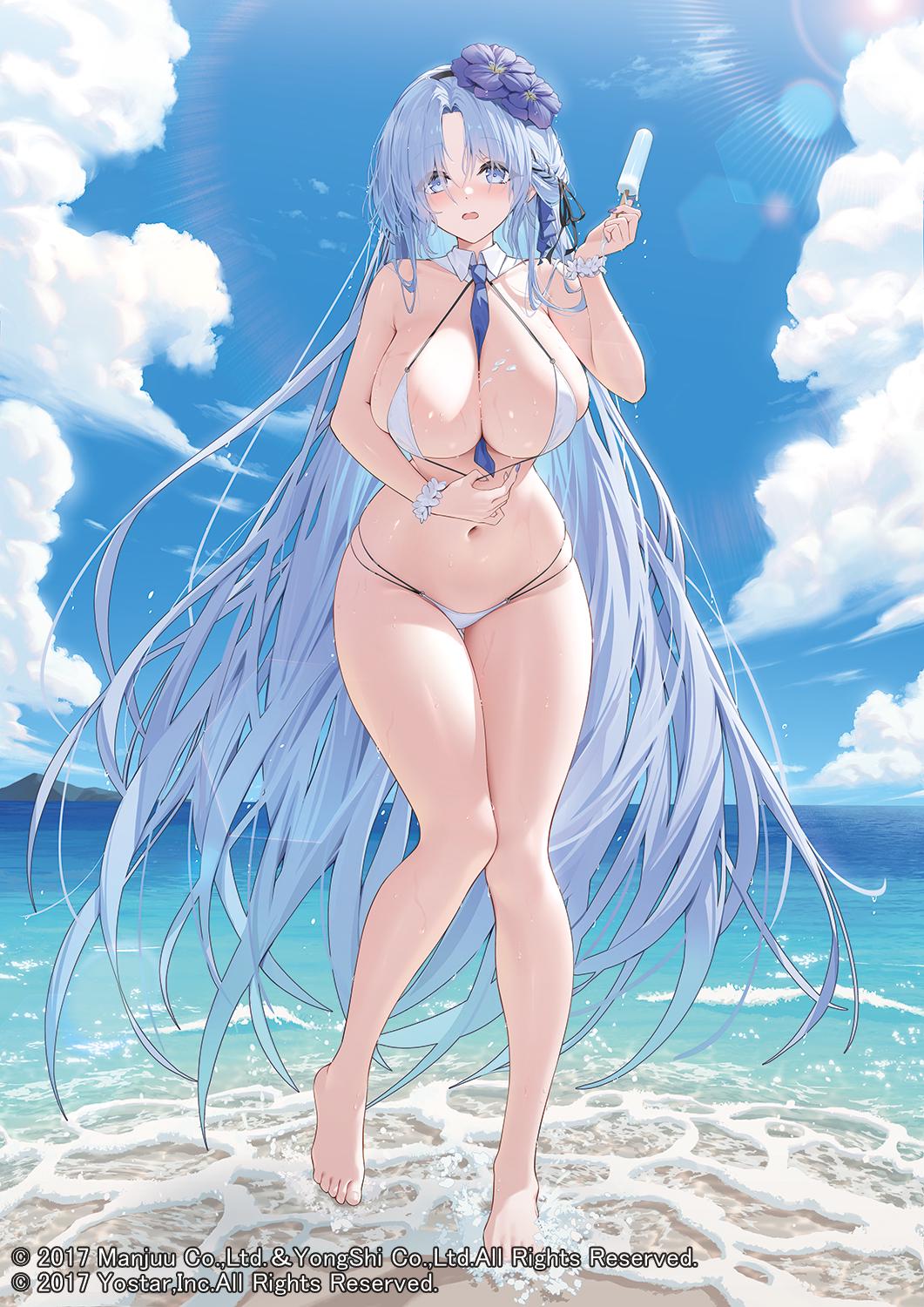 alsace (azur lane), alsace (heat-beating summer sacrament) (azur lane), azur lane, bare legs, bare shoulders, barefoot, beach, between breasts, bikini, blue eyes, blue hair, blue sky, blush, braid, breasts, cg, cleavage, cloud, day, detached collar, feet, female, flower, food, food on breasts, full body, hair flower, hair ornament, hairband, halterneck, holding, holding food, holding ice cream, holding popsicle, large breasts, lens flare, long hair, looking at viewer, melting, navel, necktie, necktie between breasts, ocean, official art, open mouth, outdoors, popsicle, scrunchie, sky, solo, standing, stomach, string bikini, sunlight, swimsuit, thigh gap, thighs, toes, very long hair, water, wet, white bikini, wrist cuffs, wrist scrunchie