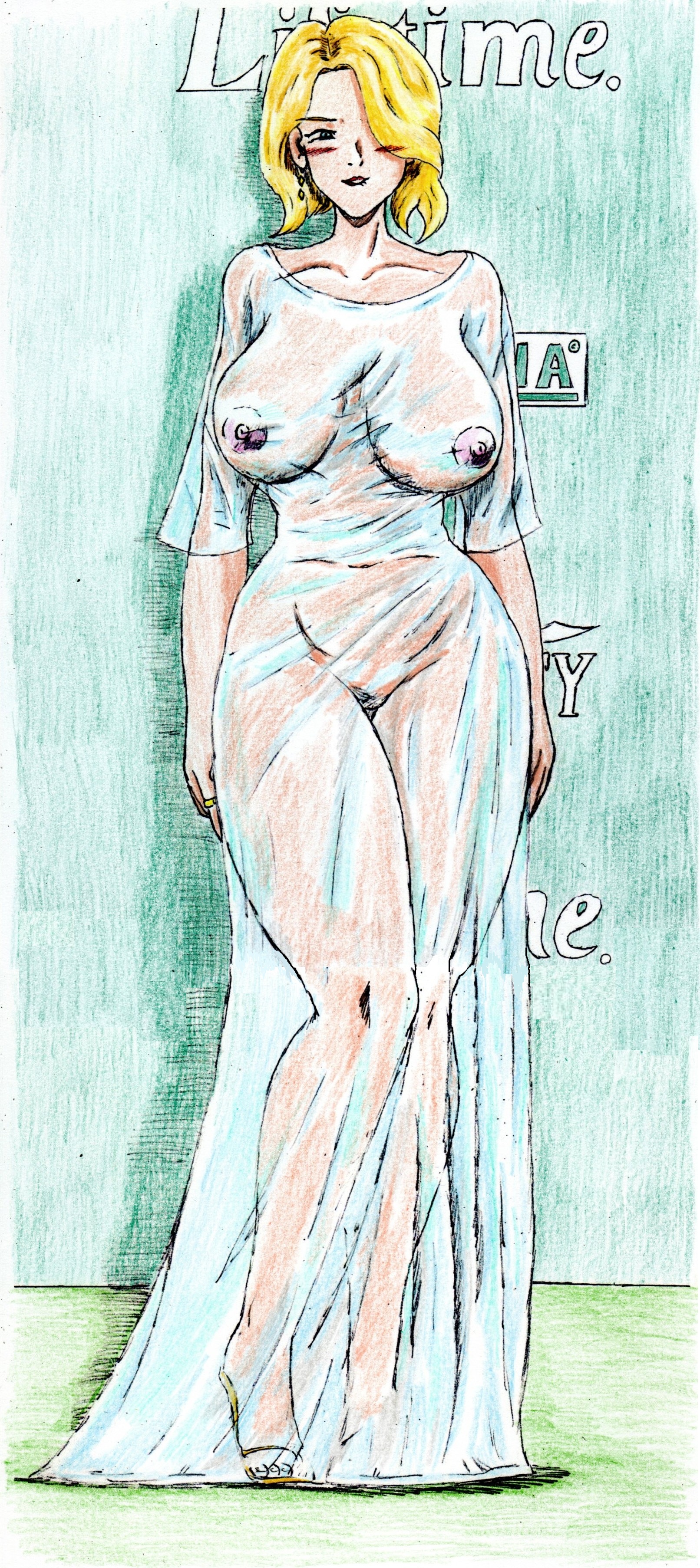 1girls, big breasts, biting lip, blonde female, blonde hair, blush, breasts, celebrity, color, dress, earring, earrings, female, female only, heels, high heels, hourglass figure, hourglass figured female, no bra, no panties, power of women dress, real person, see-through, see-through dress, sketch, solo, solo female, sydney sweeney, thewritefiction, transparent dress