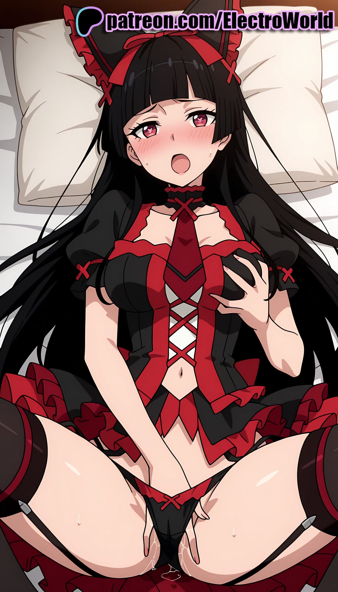1girls, 2025, ai generated, artist name, bed, bed sheet, black hair, black legwear, black panties, blush, breasts, bust, chest, cushion, electroworld, female, fingering, frilled pillow, futon, garter belt, garter straps, gate - jieitai ka no chi nite kaku tatakaeri, grabbing own breast, heart pillow, hi res, high quality, high resolution, highres, laying down, legs apart, legs spread, long hair, lying, lying on back, masturbation, navel, on back, on bed, open legs, open mouth, panties, patreon, patreon username, pillow, pillow grab, puffy sleeves, pussy juice, red eyes, rory mercury, self fondle, solo, splayed legs, spread legs, stable diffusion, sweat, thighhighs, underwear, watermark
