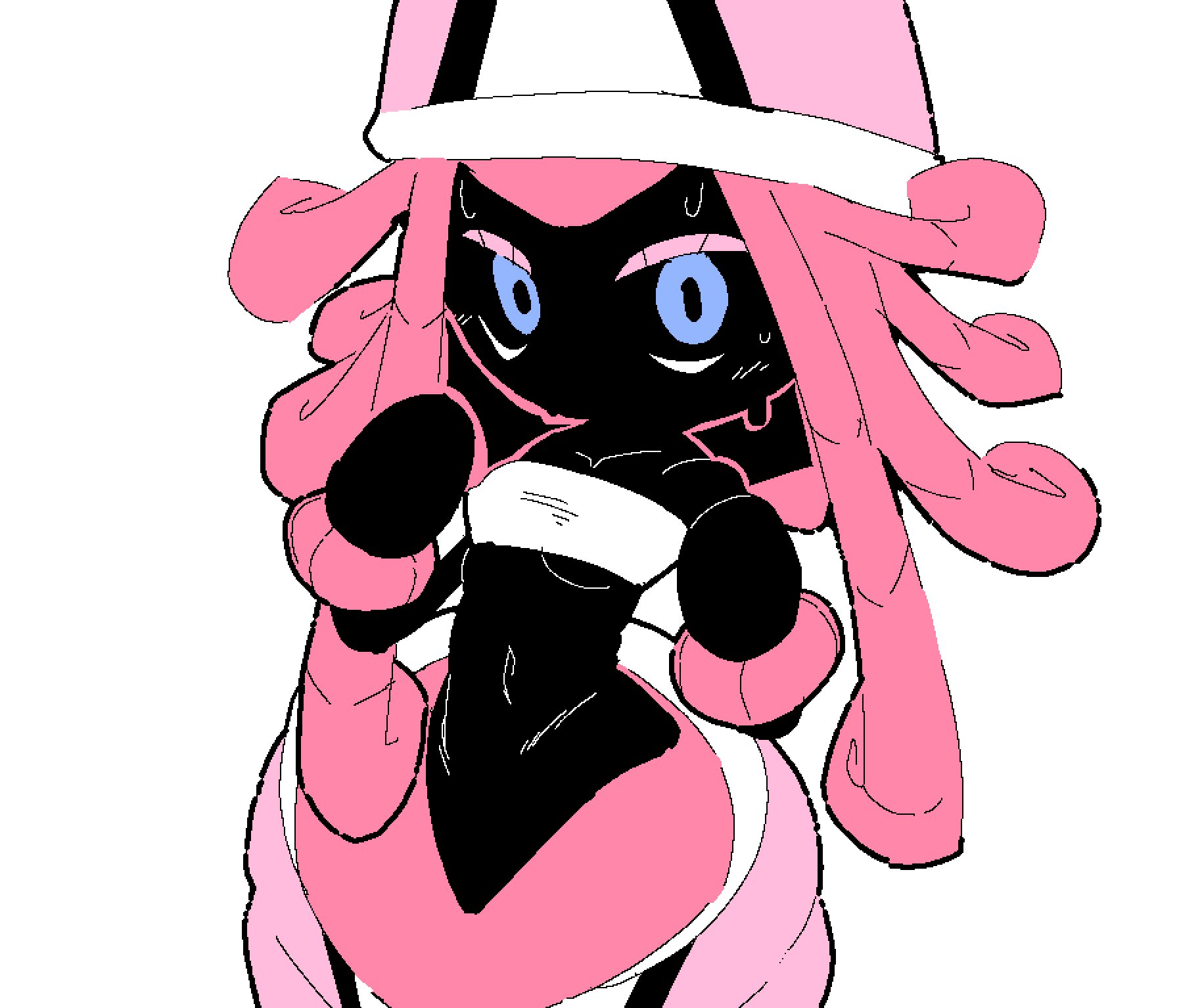 artist request, black body, blue eyes, blush, breasts, generation 7 pokemon, headgear, humanoid, humanoid female, humanoid only, legendary pokemon, long hair, looking at viewer, midriff, navel, nintendo, pink hair, pokemon, pokemon (species), slim waist, small breasts, sweat, sweatdrop, sweating, tagme, tagme (artist), tapu lele, topwear, underboob