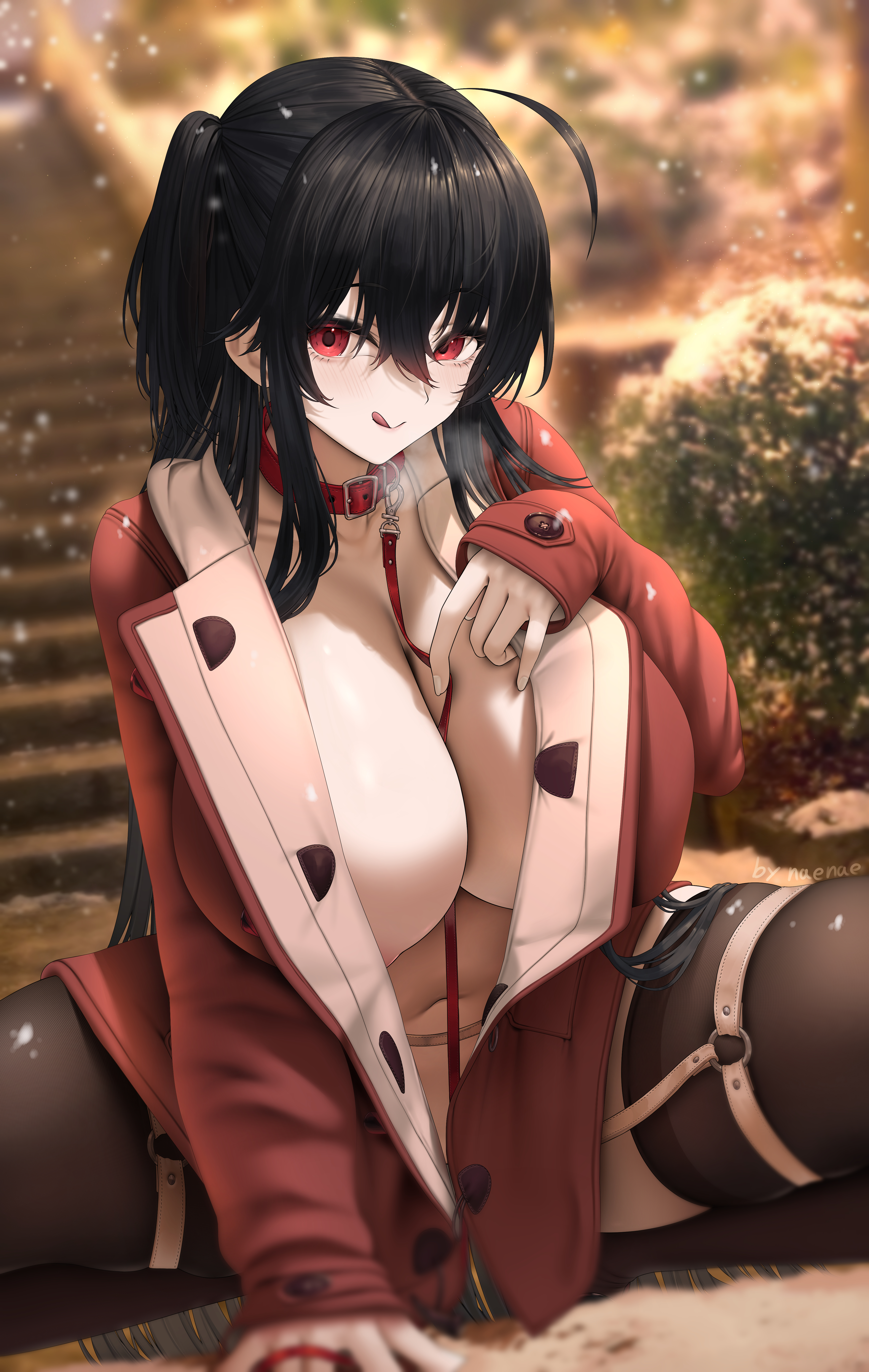 :q, ahoge, animal collar, azur lane, black hair, black thighhighs, blush, breasts, cg, cleavage, coat, collar, collarbone, female, hair between eyes, huge breasts, jacket, leash, licking lips, long hair, long sleeves, looking at viewer, navel, official alternate costume, open clothes, red collar, red eyes, red jacket, smile, solo, squatting, taihou (azur lane), thighhighs, thighs, tongue, tongue out, very long hair