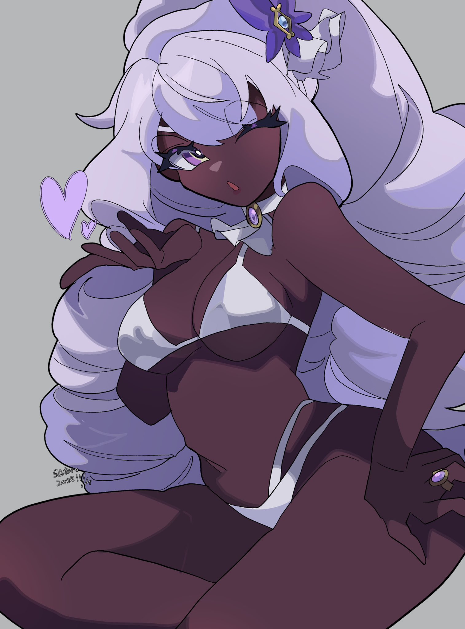 1girls, artist name, big hair, bikini, blowing kiss, breasts, bright pupils, brooch, choker, cleavage, clothing, dark skin, dark-skinned female, drill hair, female, flower, gem, grey background, grey hair, hair flower, hair ornament, hand on own hip, jacinthe (pokemon), jewelry, large breasts, long hair, looking at viewer, medium breasts, navel, one eye closed, open mouth, pokemon legends: z-a, purple eyes, purple flower, purple hair, ring, satoro301, simple background, sitting, solo, swimsuit, twin drills, very dark skin, very long hair, white bikini, white pupils, yukari (pokemon)