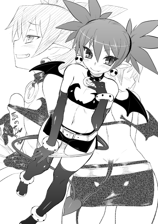 back bare_shoulders bat_wings belt breasts choker demon_girl demon_tail dimples_of_venus disgaea dr.p earrings elbow_gloves etna fangs female flat_chest gloves jewelry male microskirt miniskirt monochrome naizuri navel paizuri paizuri_under_clothes penis penis_under_clothes pointy_ears skirt skull straight tail thighhighs tied_hair twintails wings