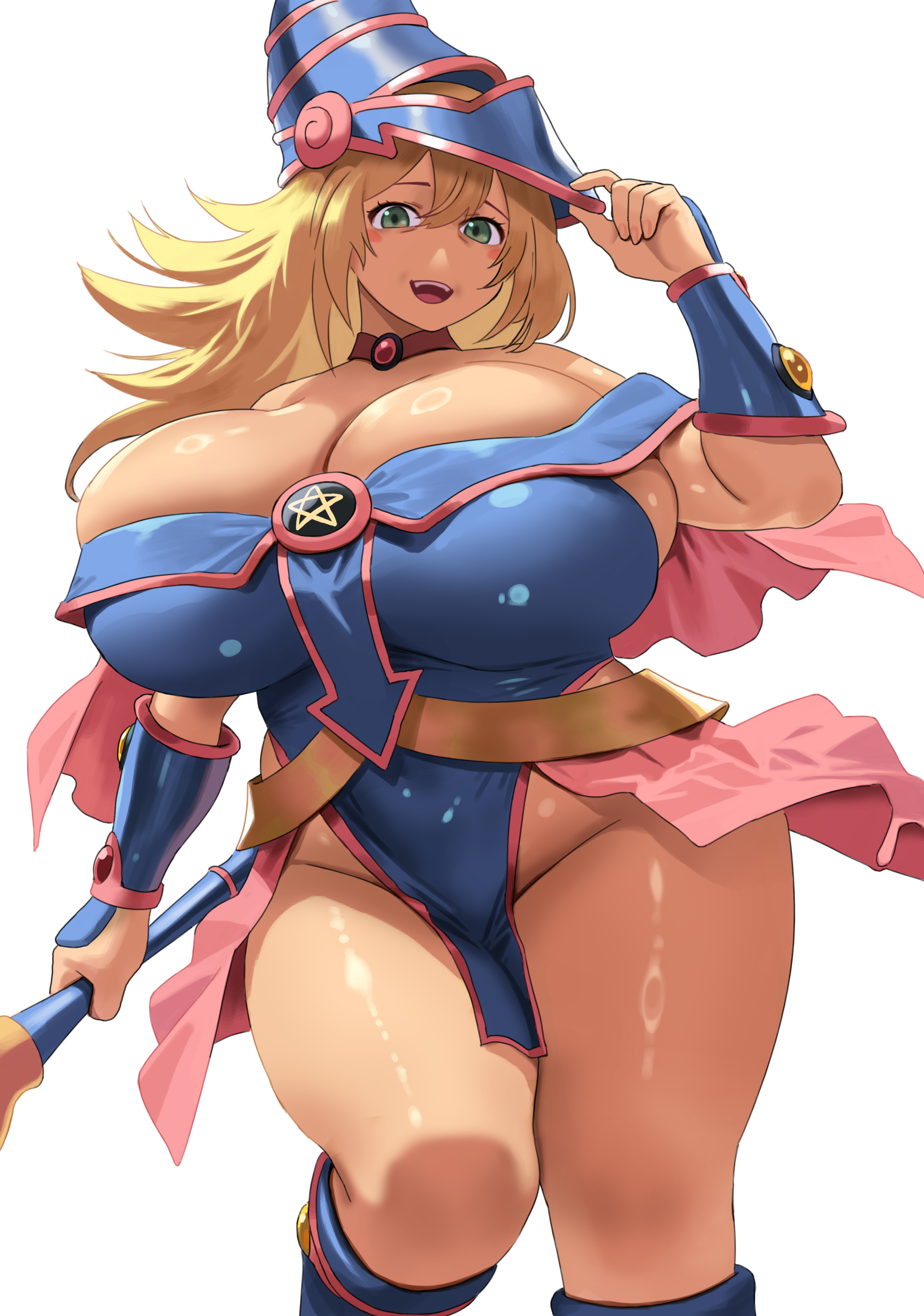 1girls, blonde hair, blue helmet, blush stickers, breasts, brooch, check clothing, choker, cleavage, cleavage overflow, cosplay, dark magician girl, dark magician girl (cosplay), female, gilf, green eyes, hair between eyes, helmet, highres, huge breasts, jewelry, large breasts, long hair, looking at viewer, mmmikedaya, narisokonai (mmmikedaya), older female, pentagram, pink skirt, pink trim, simple background, skirt, smile, solo, teeth, thick thighs, thighs, upper body, white background, yellow choker, yu-gi-oh!
