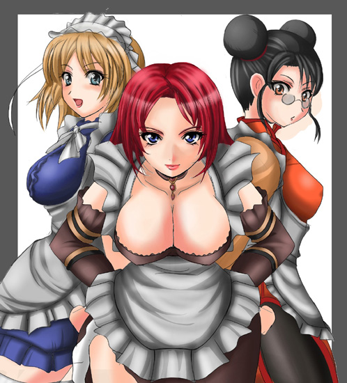 1041_(toshikazu) 3girls apron big_breasts black_hair blonde_hair breasts cleavage double_bun female female_only glasses hualin_(soul_calibur) looking_at_viewer lynette_(soul_calibur) multiple_girls red_hair soul_calibur soul_calibur_iii valeria_(soul_calibur)