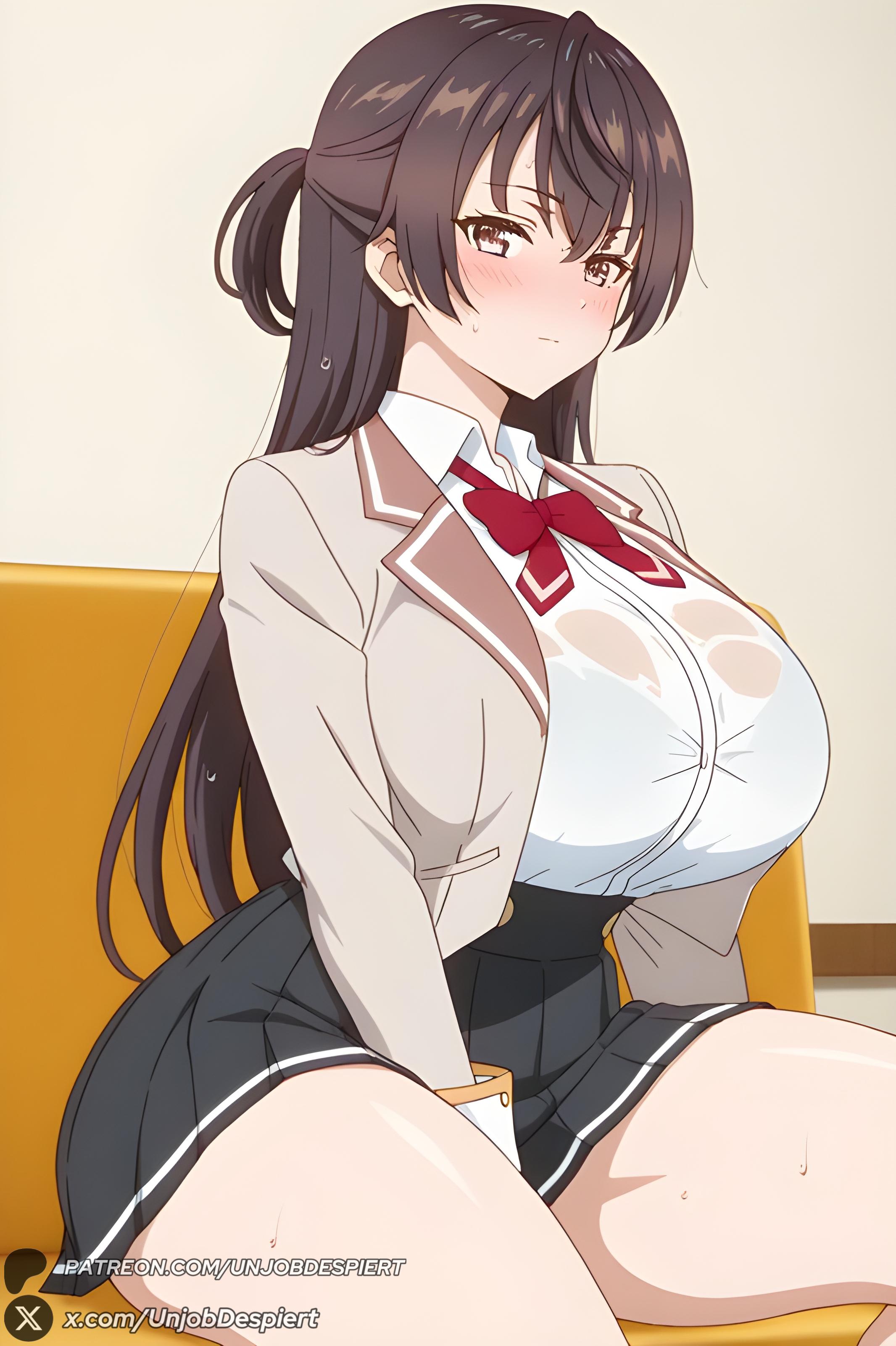 1female, 1girls, 2025, ai generated, artist name, bangs, big ass, big breasts, black hair, black skirt, blush, bow, bowtie, bra visible through clothes, breasts, brown eyes, brown hair, closed mouth, collared shirt, curvy, female, female only, hi res, high quality, high resolution, highres, huge ass, huge breasts, jacket, large breasts, long hair, long sleeves, looking at viewer, patreon, patreon username, pleated skirt, red bow, red bowtie, school uniform, shirt, sitting, skirt, solo, suou yuki, thighs, tokidoki bosotto russian de dereru tonari no alya-san, unjobdespiert, watermark, wet, wet clothes, white shirt