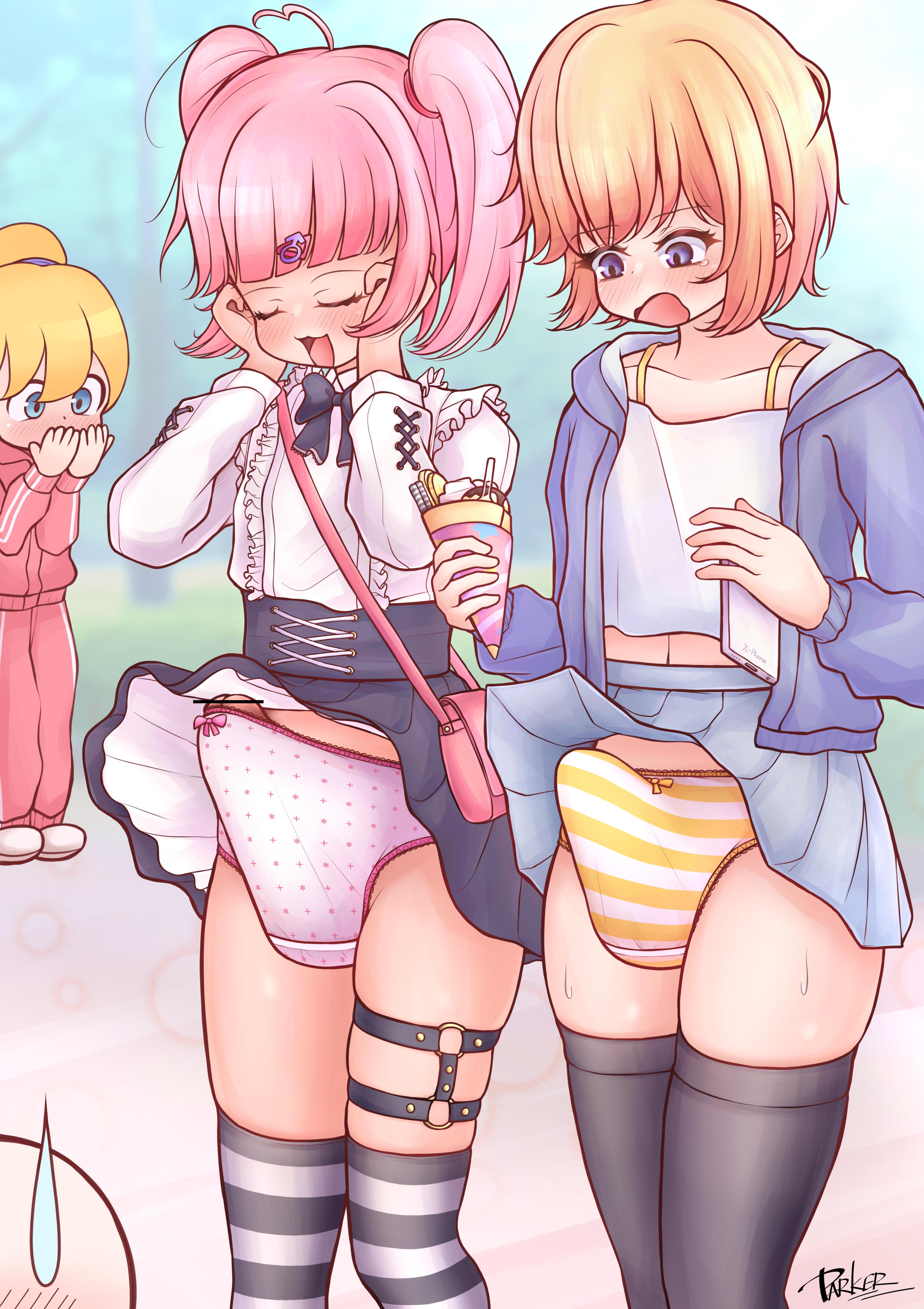 2boys, 2femboys, barely contained, big bulge, big penis, black legwear, blonde hair, blush, bulge, closed eyes smile, crossdressing, erection, exhibitionism, femboy, frilly clothing, gothic lolita, gust of wind, hair ornament, handbag, huge bulge, hung femboy, hung trap, ice cream, leg strap, male, male symbol, otoko no ko, panties, parker, parker (noparking2310), penis, penis poking out, penis size difference, pink hair, skirt lift, striped legwear, striped panties, surprised, sweaty thighs, thighhighs, trap, twintails, upskirt, wind blowing skirt