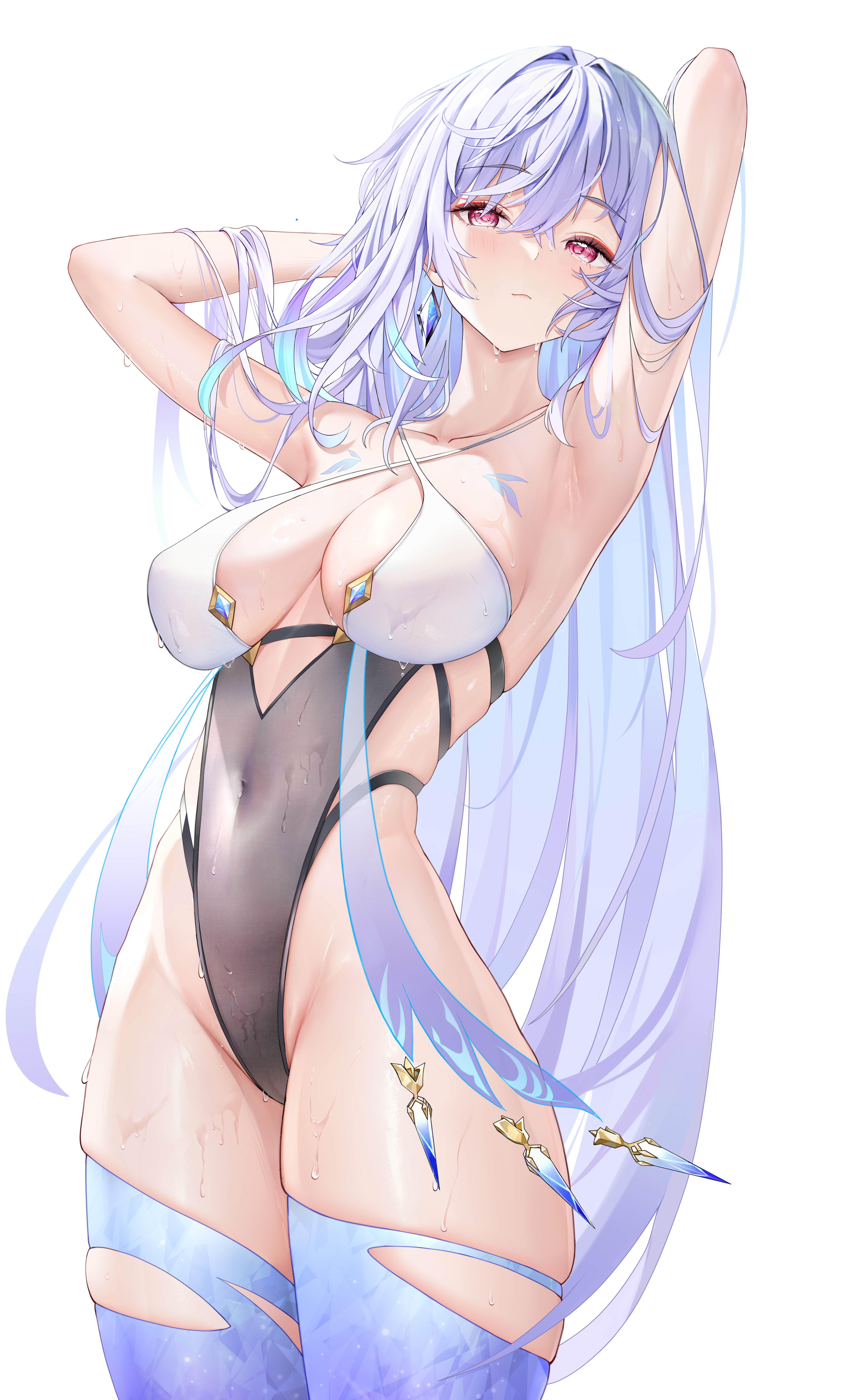 1girls, blhazx, breasts, female, genshin impact, large breasts, long hair, looking at viewer, presenting armpit, skirk (genshin impact)