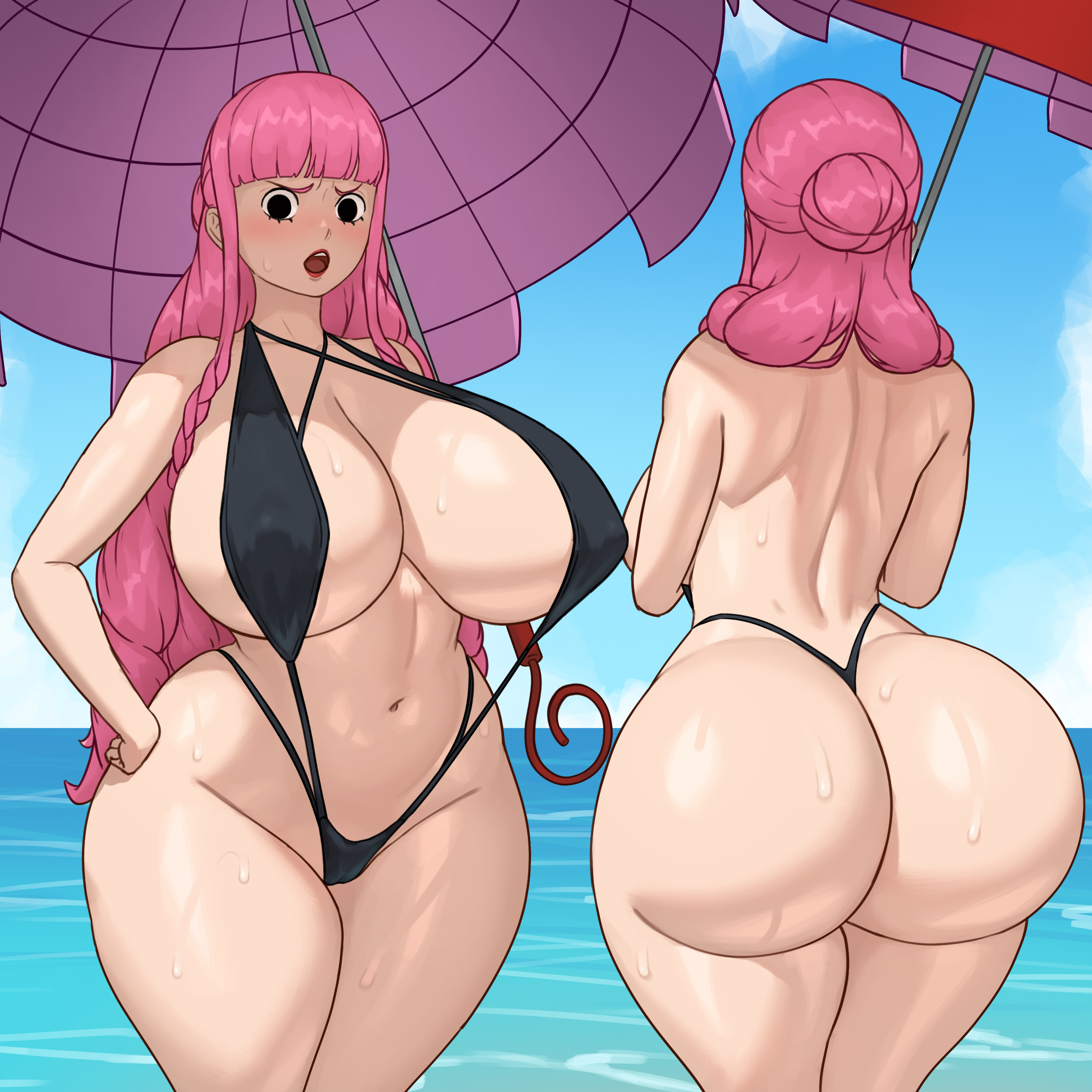 1girls, 2025, alternate ass size, alternate breast size, alternate version available, angry, ass, back view, background, beach, big ass, big breasts, big butt, bikini, breasts, cleavage, fat ass, female, female focus, female only, holding object, large ass, large breasts, light skin, light-skinned female, looking at viewer, one piece, outdoors, perona, pink hair, pink-haired female, revealing clothes, sea, sky, solo, superbusty, sweat, sweaty ass, tagme, thick thighs, thighs, umbrella, voluptuous, voluptuous female, wide hips