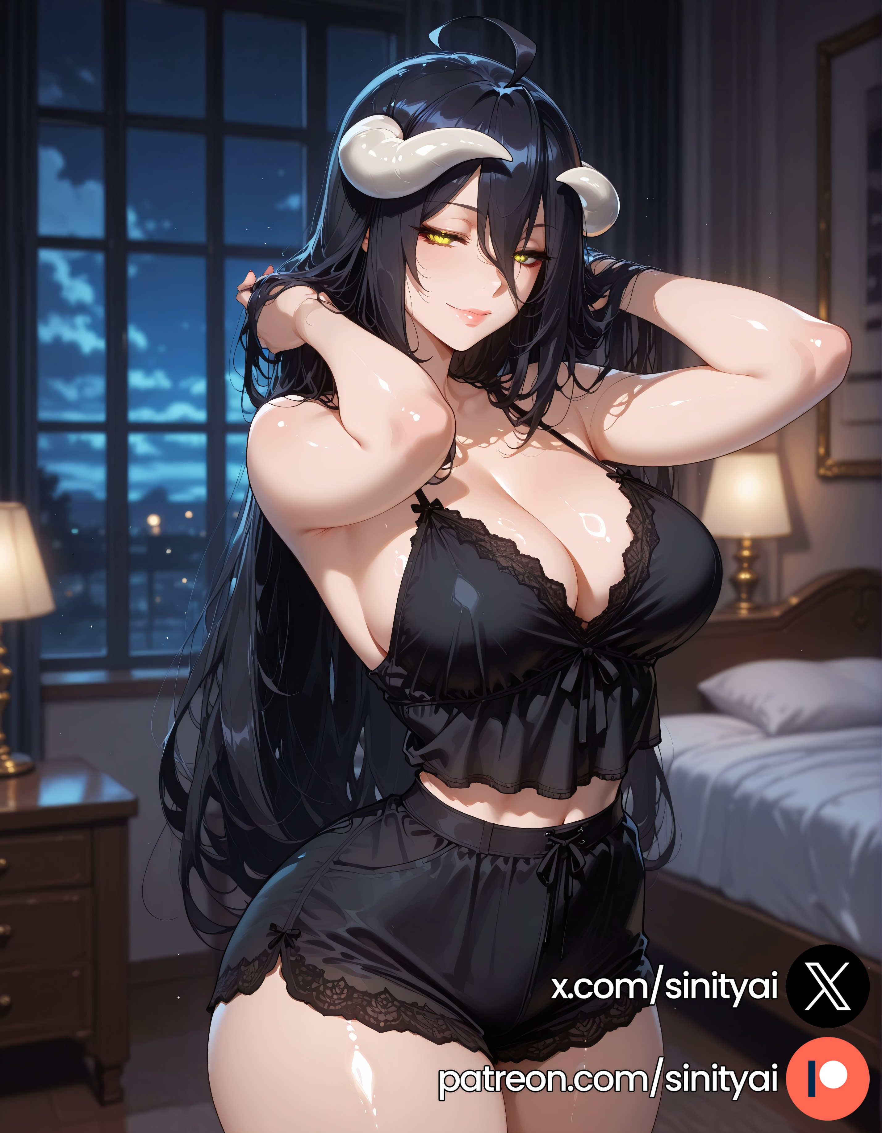 1girls, 2025, ahoge, ai generated, albedo (overlord), ass, big ass, big breasts, black hair, blurred background, blurry background, breasts, depth of field, female, hi res, high quality, high resolution, highres, horn, horns, huge ass, huge breasts, huge thighs, long hair, overlord (maruyama), sinity, small waist, thick thighs, thin waist, white horn, white horns, yellow eyes