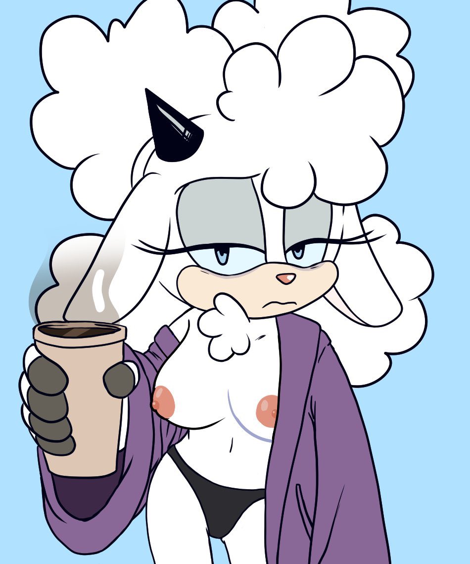 blue eyes, breasts, cintraarts, coffee, dressing gown, eyeshadow, female, lanolin the sheep, large breasts, large hips, mobian, mobian (species), nipples, panties, robe, sheep, sonic (series), sonic the hedgehog (comics), sonic the hedgehog (idw), sonic the hedgehog (series), tired, tired eyes, topless, white hair, wool (fur)