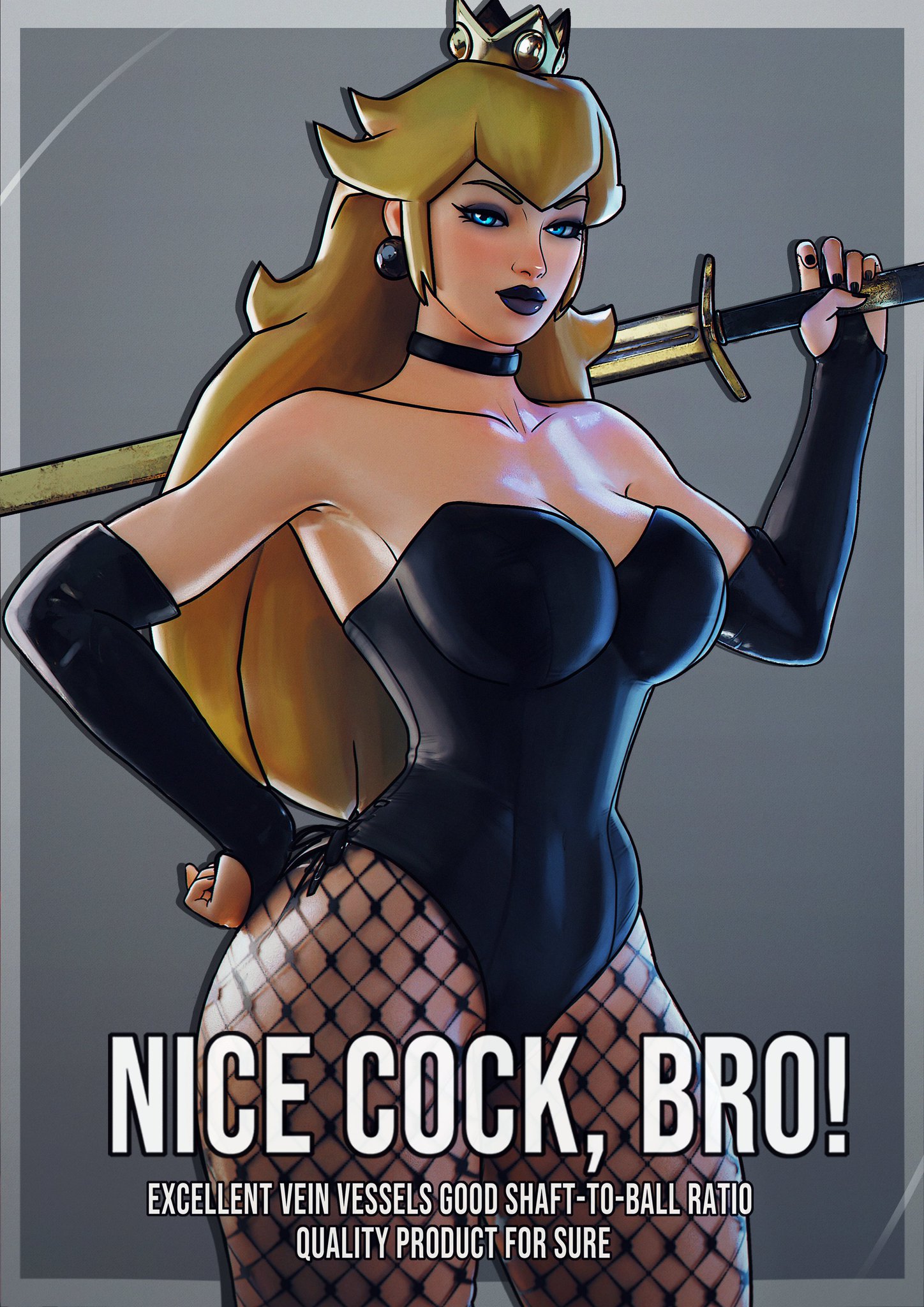 1girls, 3d, 3d (artwork), 3d model, 3d render, ass, background, big ass, big breasts, black choker, black gloves, black leotard, black lips, black lipstick, black nails, blonde female, blonde hair, blonde hair female, blonde-haired female, blue eyes, breasts, bunnysuit, choker, cleavage, clothed, clothed female, clothes, clothing, collar, crown, curvaceous, curvy, curvy female, curvy figure, cyan eyes, dialogue, earrings, english, english dialogue, english text, eyebrows, eyeliner, female, female focus, female only, fishnet, fishnet legwear, fishnet stockings, fishnets, fit, fit female, fully clothed, fully clothed female, gloves, goth peach, grey background, highres, holding, holding object, holding sword, large breasts, leotard, light skin, light-skinned female, long hair, long hair female, long legs, looking at viewer, mario (series), nails, nails painted, nice cock (meme), nice cock bro, nintendo, no bra, no panties, painted nails, princess peach, purple eyeshadow, rating, reflection, seductive, seductive look, seductive smile, sexy, sfrinzy, simple background, skimpy, skimpy clothes, slim waist, solo, solo female, solo focus, sword, sword on shoulder, syringe, text, thick, thick ass, thick butt, thick thighs, thighs, tight clothes, tight clothing, video game character, video games, voluptuous, voluptuous body, voluptuous female, weapon, wide hips