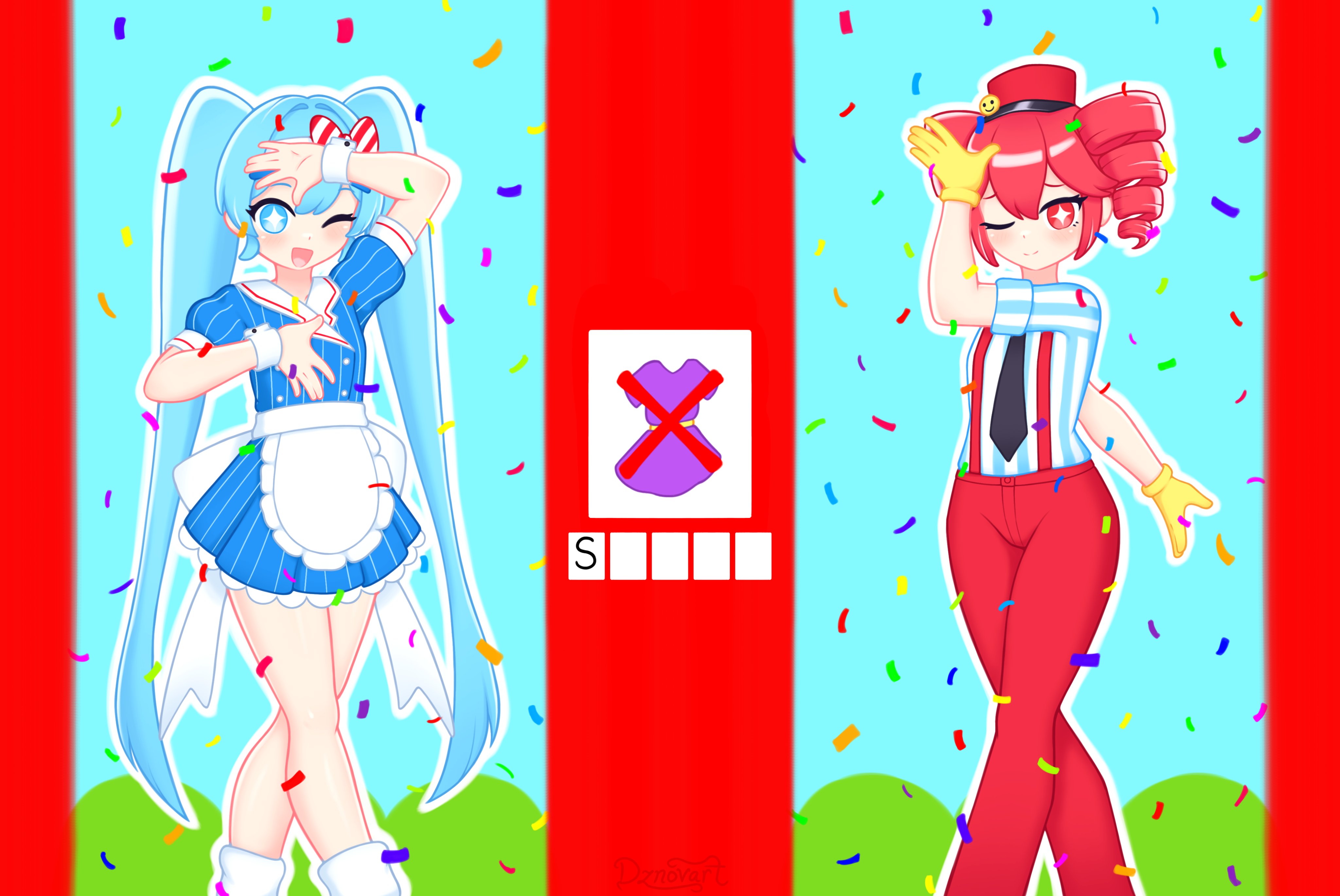 1girls, 2d, 2d (artwork), 2girls, apron, artist name, big thighs, black necktie, blouse, blue dress, blue eyes, blue hair, blush, bow, breasts, cleft of venus, clothed, clothed female, clothing, confetti, curvaceous, curvy, curvy female, curvy figure, detached cuffs, dress, drill hair, dznovart, exposed pussy, eyelashes, feet out of frame, female, female only, frilled apron, fully clothed, gloves, hand up, hat, hatsune miku, high waisted pants, high-waist pants, kasane teto, kasane teto (sv), large thighs, long hair, looking at viewer, mesmerizer (vocaloid), mesmerizer miku, mesmerizer teto, mini hat, multiple girls, mv character, necktie, one eye closed, open mouth, pants, petite, petite body, petite female, plump, plump labia, plump pussy, pose, posing, red eyes, red gloves, red hair, red headwear, red pants, shiny skin, shirt, short sleeves, simple background, skinny, skinny female, slim girl, slim waist, small breasts, smile, socks, sparkling eyes, standing, striped, striped dress, striped shirt, suspenders, synthesizer v, thick thighs, thighs, twin drills, twintails, undressed, undressing, utau, vertical stripes, very long hair, visor cap, vocaloid, waist apron, waitress, waitress uniform, white apron, wide hips, wrist cuffs