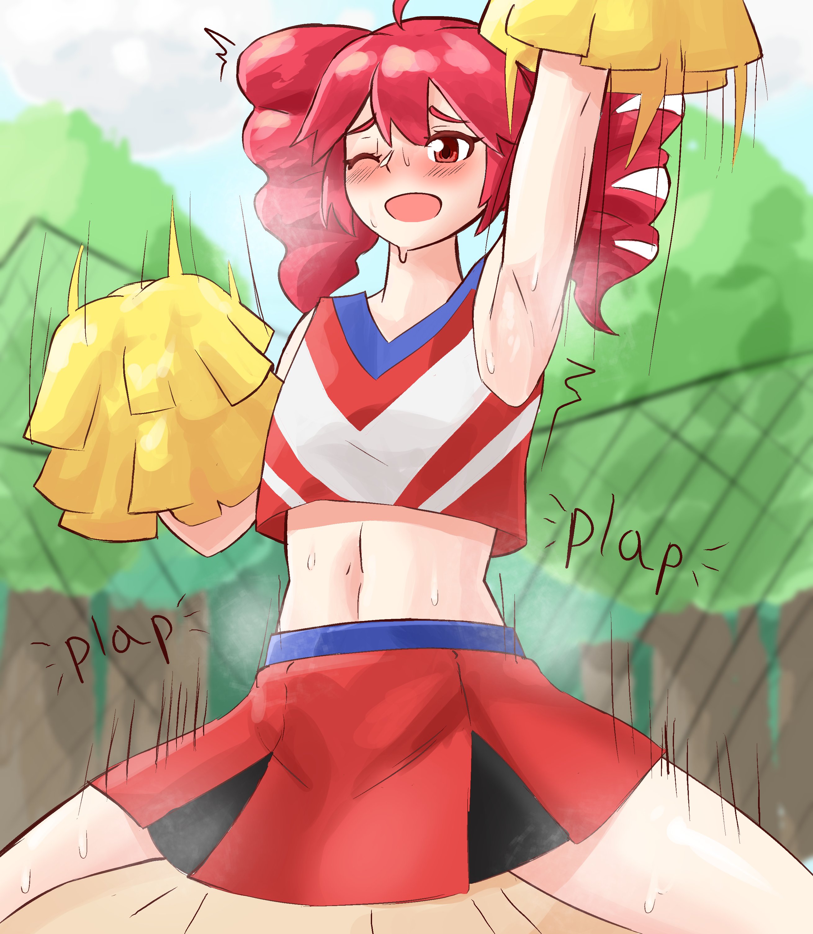 1boy, 1girls, 2d, 2d (artwork), ahoge, armpits, arms up, bakudon, baseball field, belly, blush, blush lines, bouncing on penis, cheerleader, cheerleader outfit, cheerleader uniform, cowgirl position, crop top, cropped jacket, exhibitionism, female, future nova (synthesizer v), hair ornament, kasane teto, kasane teto (sv), male, motion lines, mv character, navel, one eye closed, open mouth, petite, petite body, petite female, plap, plap (sound), pom poms, public, public exposure, public indecency, public sex, red eyes, red hair, riding, riding penis, sex, skinny, skinny female, skirt, slim girl, slim waist, spread legs, straight, sweat, sweating, synthesizer v, thick thighs, thighs, tremble spikes, trembling, twin drills, utau, vaginal penetration, vaginal sex