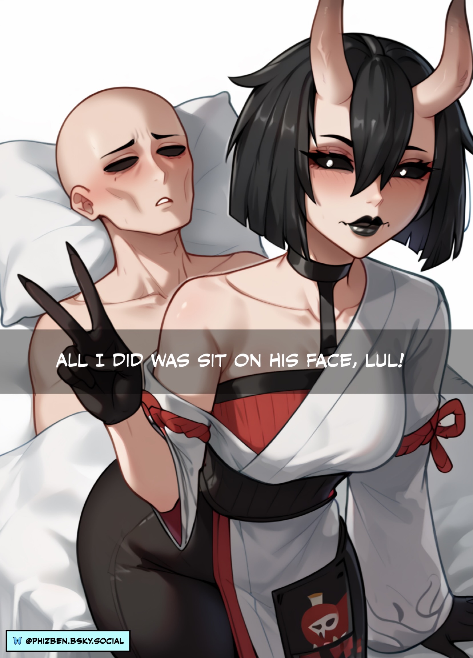 ai art, ai generated, big ass, caption, dialogue, dominant female, facesitting, female, fortnite, fortnite: battle royale, huge ass, male, night rose, phizben, sitting on face, sitting on person, snapchat, story, submissive male, word balloon