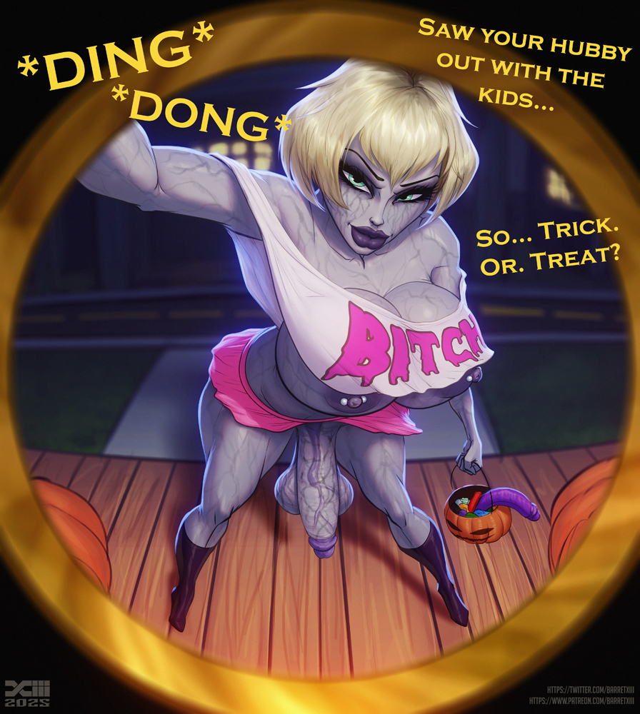 2d, 2d (artwork), 2d artwork, artist logo, artist name, artist signature, artist upload, barretxiii, big ass, big breasts, big penis, bimbo, bimbo body, bimbo lips, blonde female, blonde hair, breasts, candy, cheating, cheating mother, cheating wife, corruption, dark nipples, dead, digital drawing (artwork), digital media (artwork), dildo, dirty blonde hair, door, doorway, female, fisheye, fisheye lens, futa focus, futa only, futanari, green eyes, halloween, halloween theme, heel boots, heels, homewrecker, house, intersex, jack-o'-lantern, knee boots, kneehighs, loose clothes, monster, monster girl, no ai, ntr, pale, pale body, pale skin, pale skinned female, pale-skin, pale-skinned female, pale-skinned futa, peephole, peeping, penis, pierced nipples, piercing, piercings, porch, print clothing, pumpkin, seducing, seductive, seductive eyes, seductive gaze, seductive look, seductive pose, seductive smile, shirt, shirt up, sole futa, spread legs, text, text on clothing, thick legs, thick lips, thick penis, thick thighs, tube top, tubetop, undead, undead female, undead futa, vein, veins, veiny, veiny penis, watermark, zombie, zombie futa, zombie girl