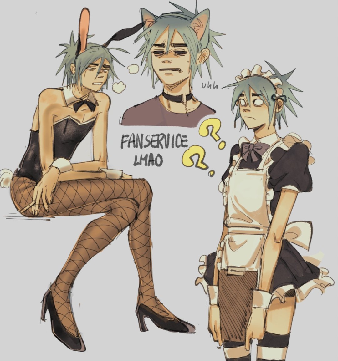 2d (gorillaz), annoyed, annoyed expression, annoyed face, blue background, blue hair, bunny ear, bunny tail, bunnysuit, cat ears, cigarette, clothed, clothed male, clothing, collar, femboy, forced feminization, gorillaz, heels, light skin, light-skinned male, maid outfit, maid uniform, male, male only, outfit, playboy bunny, solo, suggestive, thighhighs
