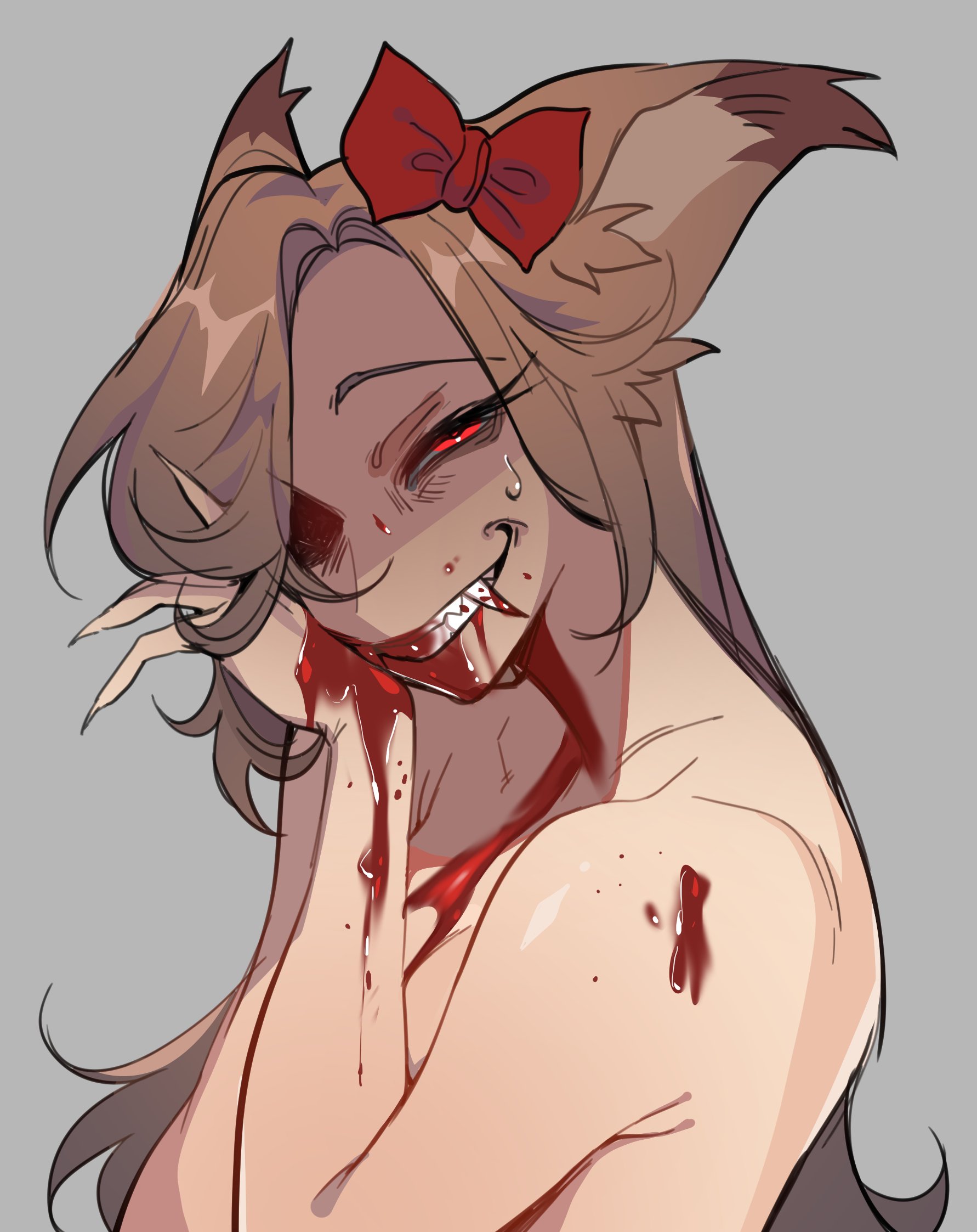 bare arms, bare midriff, bare shoulders, blood, blood in mouth, blood on body, blood on breasts, blood on face, blood on hand, breasts, brown hair, canine humanoid, clavicle, cleavage, evil grin, evil smile, fangs, female, female focus, female only, female yandere, fox ears, foxtrot (glacierclear), glacierclear, kemonomimi, kitsune, kitsunemimi, long hair, looking at viewer, medium breasts, midriff, naked, no visible genitalia, nonsexual, nonsexual nudity, nude, posing, posing for the viewer, red eyes, smile, smiling, smiling at viewer, solo, solo female, solo focus, strawberry cheesecake (glacierclear), tasteful, tasteful nudity, topless, topless female, vampire, yandere