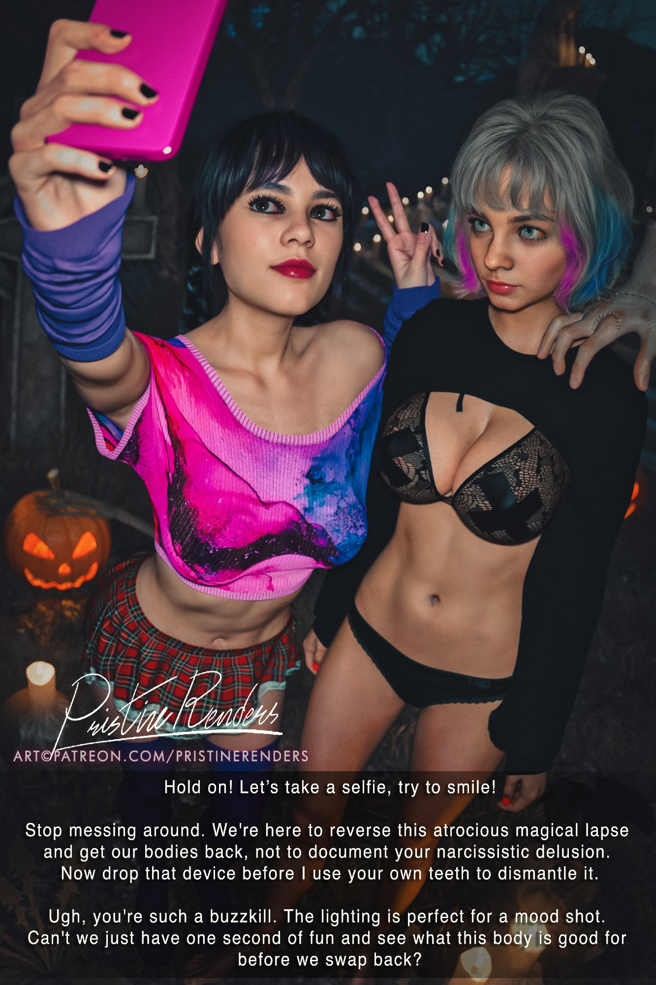 2girls, 3d, body swap, busty, costume switch, emma myers, enid sinclair, female, female focus, female only, hourglass figure, jenna ortega, netflix, pristinerenders, selfie, tagme, text, the addams family, thing (addams family), wednesday (netflix), wednesday addams, wide hips