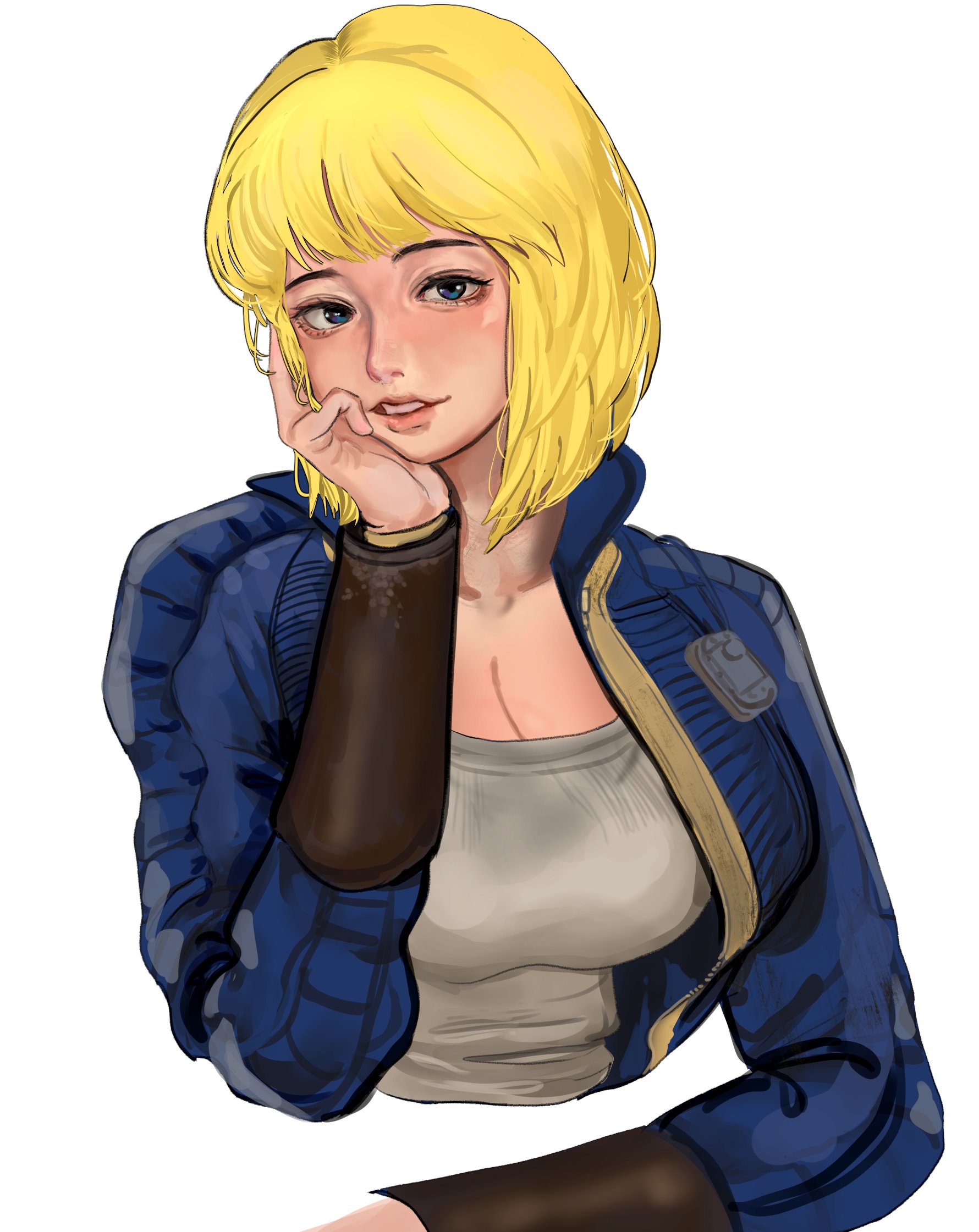 101ho, 1girls, 2025, 2d, 2d (artwork), big breasts, blonde female, blonde hair, blonde-haired female, blue eyes, breasts, fallout, female, female only, human, human only, lipstick, looking at viewer, pose, sfw, short hair, simple background, solo, solo female, upper body, vault dweller, vault girl, vault meat, vault suit, white background, white body, white skin