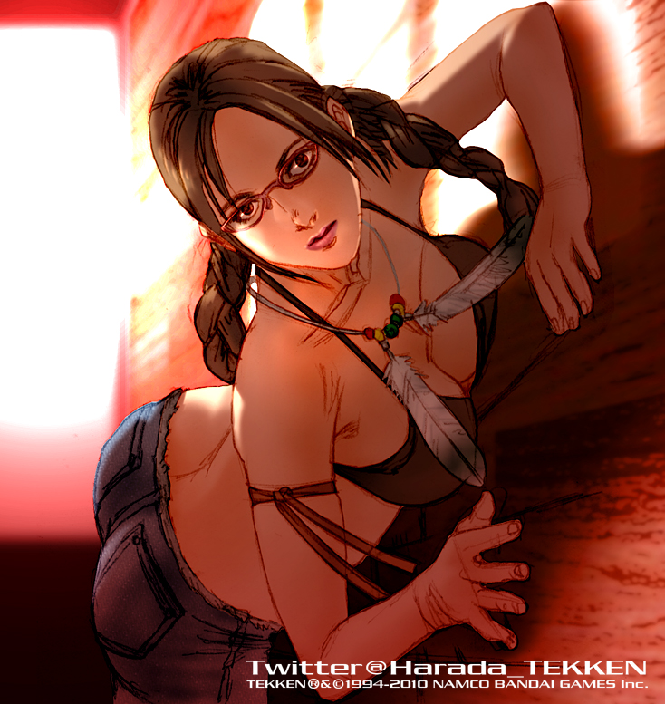 armlet ass bent_over bikini_top braid breast_press breasts cleavage dutch_angle feathers female female_only glasses human jeans jewelry julia_chang kawano_takuji lips long_hair namco necklace official_art on_floor solo tekken tekken_3 tekken_4 tekken_5_dark_resurrection tekken_tag_tournament tekken_tag_tournament_2 twin_braids