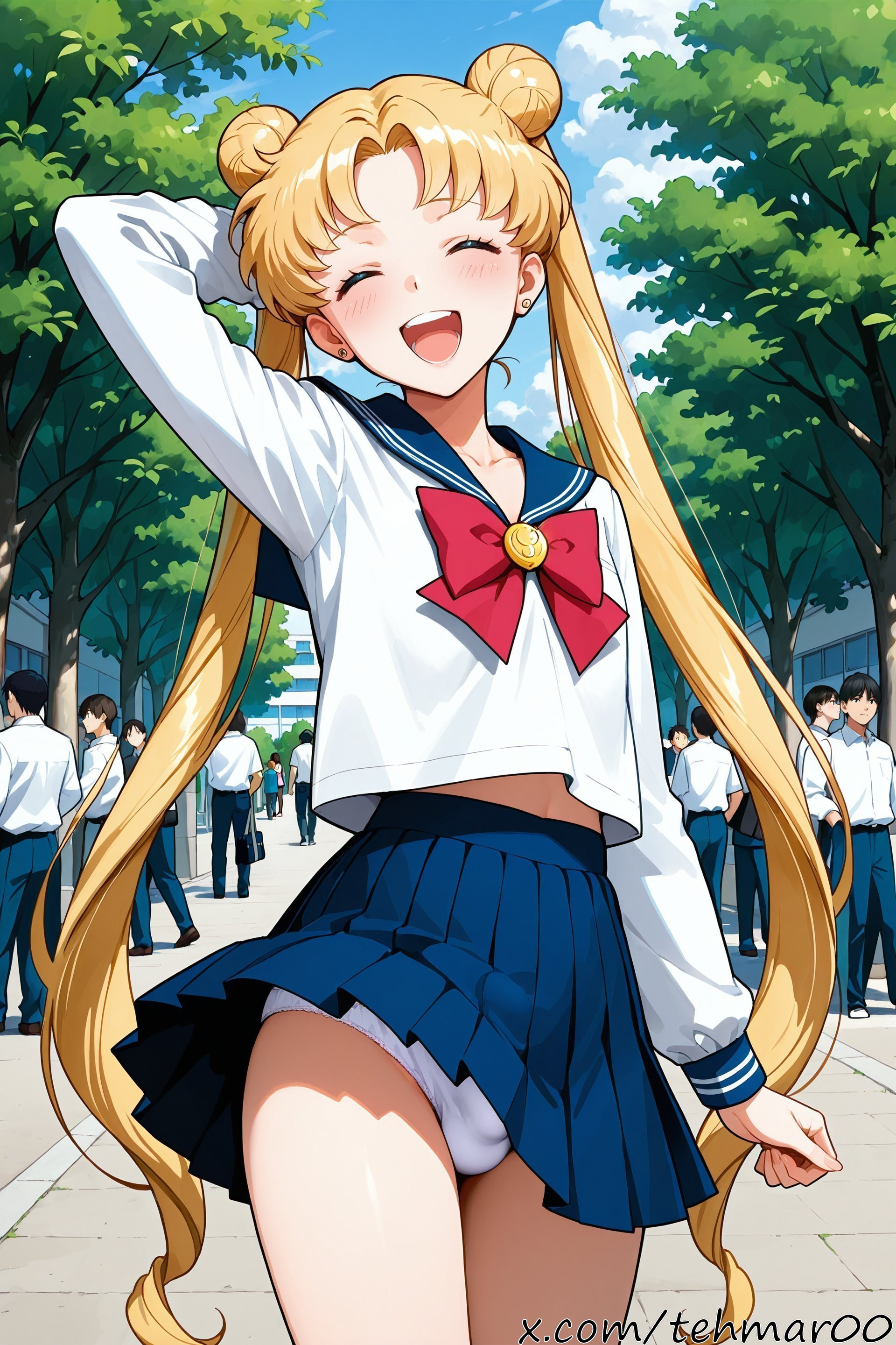 1boy, ai generated, bishoujo senshi sailor moon, blonde hair, blue sailor collar, blue skirt, blush, bow, bulge, closed eyes, crowd, double bun, femboy, genderswap (ftm), jewelry, long hair, male, male sailor moon, open mouth, outdoors, panties, pantyshot, red bow, rule 63, sailor collar, sailor moon, school uniform, serafuku, skirt, smile, solo focus, standing, street, tagme, tehmar, trans woman, transfem, trap, tree, twintails, underwear, usagi tsukino, white panties