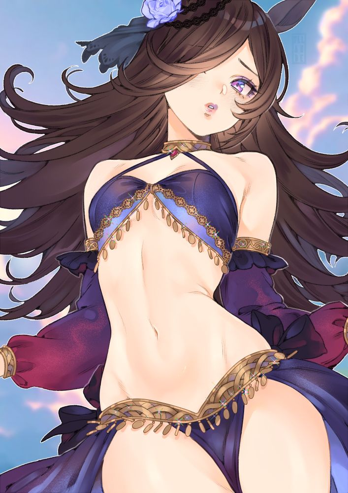 1girls, belly dancer, blue flower, blue rose, blush, breasts, brown hair, hair over one eye, harem outfit, looking at viewer, midriff, navel, purple eyes, rice shower (umamusume), small breasts, solo, solo female, umamusume, yiiande