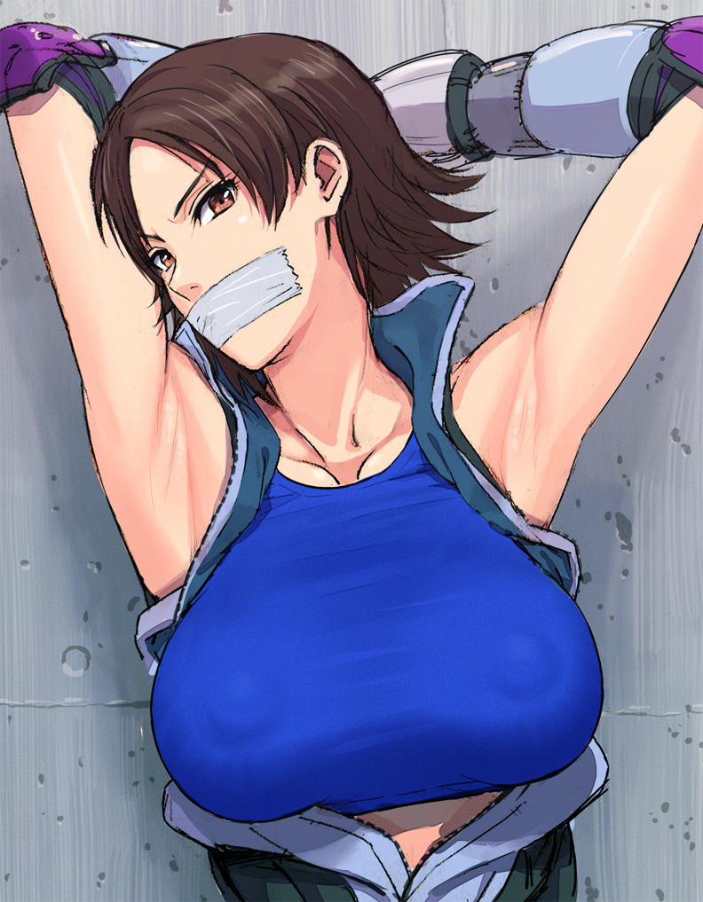 angry armpits arms_behind_head big_breasts bondage breasts brown_eyes brown_hair erect_nipples female female_only gag gagged human ishii_takamori kazama_asuka large_breasts short_hair solo tape tape_gag taped_mouth taut_shirt tekken white_tape