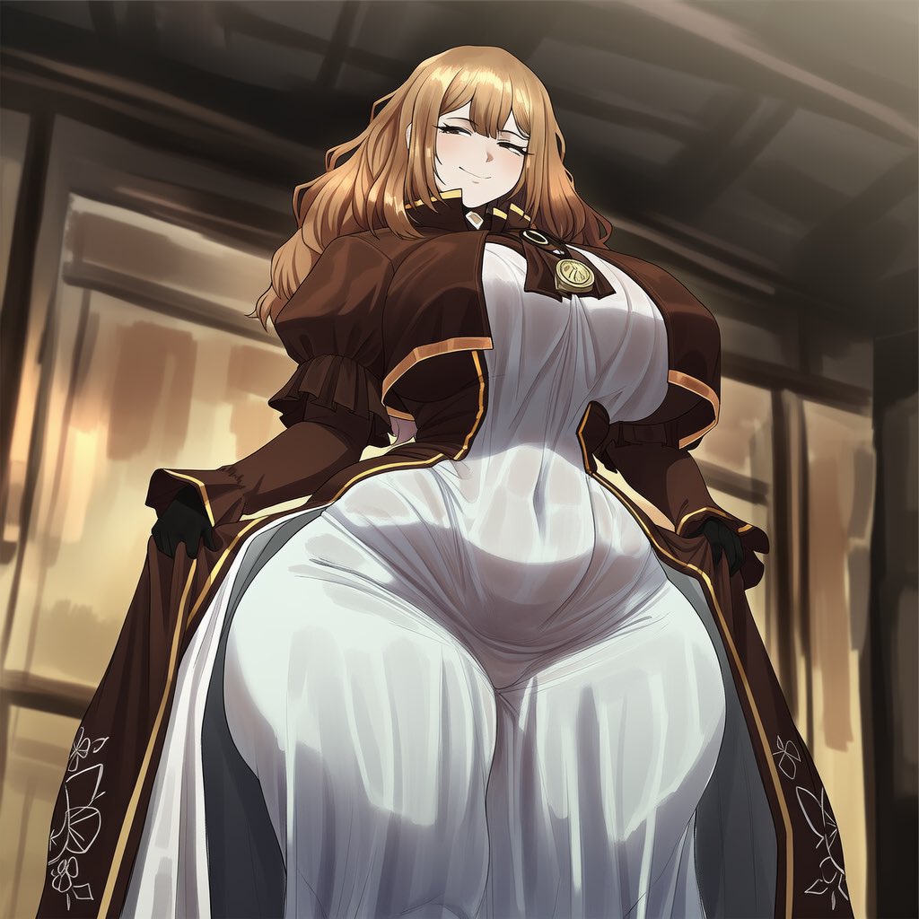 1girls, ai generated, belly button, big breasts, black gloves, breasts, catherine (limbus company), child bearing hips, cinderhee, curvy, curvy figure, dress, eyelashes, female, female focus, female only, huge breasts, indoors, light brown hair, limbus company, long hair, naked under clothes, project moon, revealing clothes, smile, smiling, tagme, tight clothes, tight clothing, tight fit, wide hips