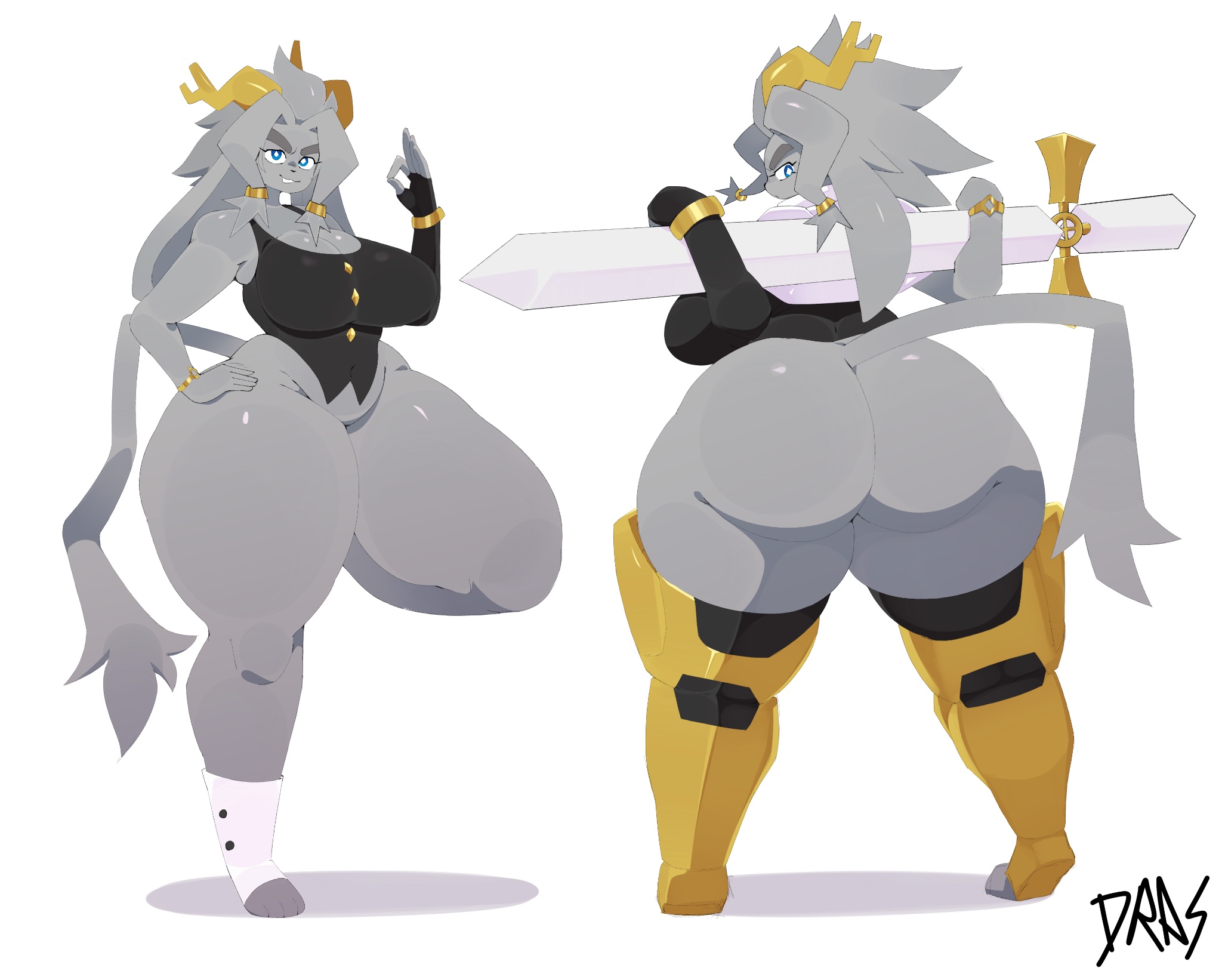 1girls, 2025, anthro, artist name, ass, ass focus, back view, behind view, big ass, big breasts, blue eyes, bottomless, breasts, breasts bigger than head, cleavage, draspion, female, furry, furry only, goat, holding object, horns, huge ass, looking at viewer, pose, pseudoregalia, solo, sybil (pseudoregalia), tail, thick thighs, thighhighs, thighs, white background