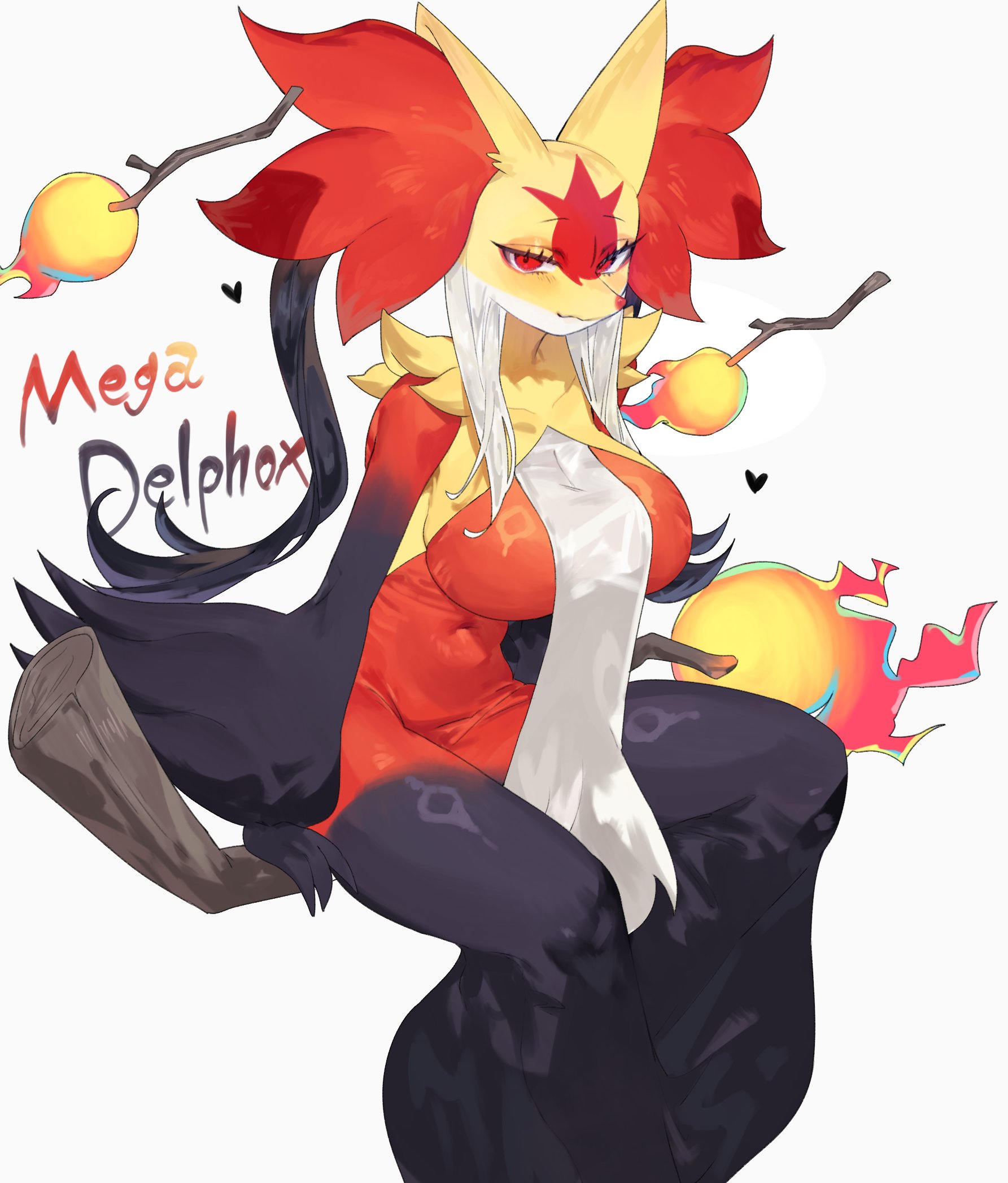 1girls, anthro, big breasts, breasts, delphox, english text, female, female only, heart, hi res, looking at viewer, mahoxy, mega delphox, mega evolution, mega mahoxy, nintendo, pokemon, pokemon (species), red eyes, smiling, smiling at viewer, solo, text, toge77789, togetoge, white background