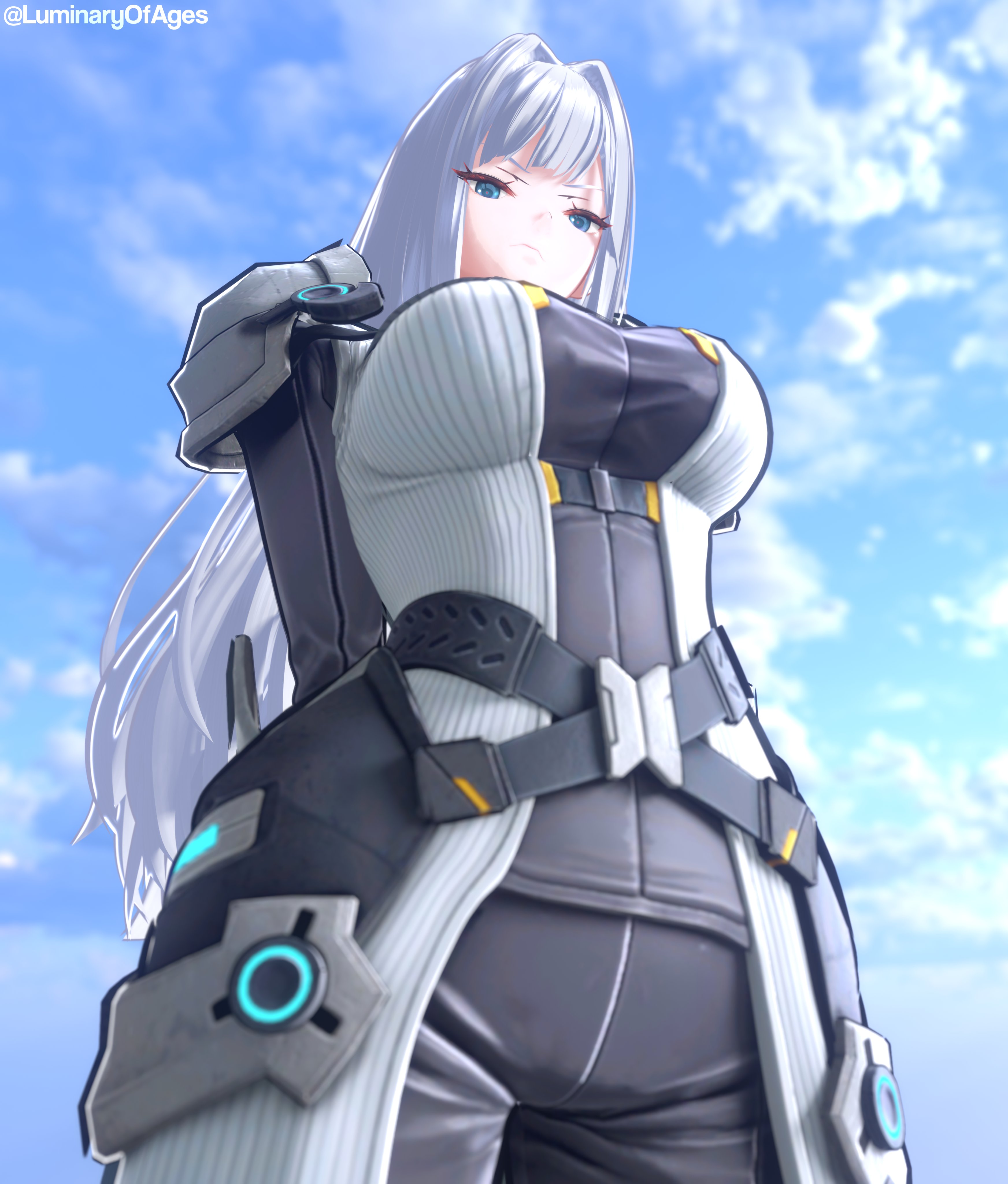1girls, 3d, alternate version available, armor plates, armored female, bangs, belt, big breasts, birthmark, birthmark on breasts, blender, blender (software), blue eyes, breast focus, breasts, busty, clothed, clothed female, clothing, coat, crotch, curvaceous, curvy, curvy female, curvy figure, day, daytime, ethel (xenoblade), female, female focus, female only, gray hair, grey hair, large breasts, light skin, light-skinned female, long hair, long hair female, looking at viewer, looking down, low-angle view, luminaryofages, monolith soft, nintendo, outdoors, outside, shoulder pads, silver hair, sky, solo, solo female, solo focus, swept bangs, tagme, thick thighs, thighs, underboob, viewed from below, voluptuous, voluptuous female, worm's-eye view, xenoblade (series), xenoblade chronicles (series), xenoblade chronicles 3