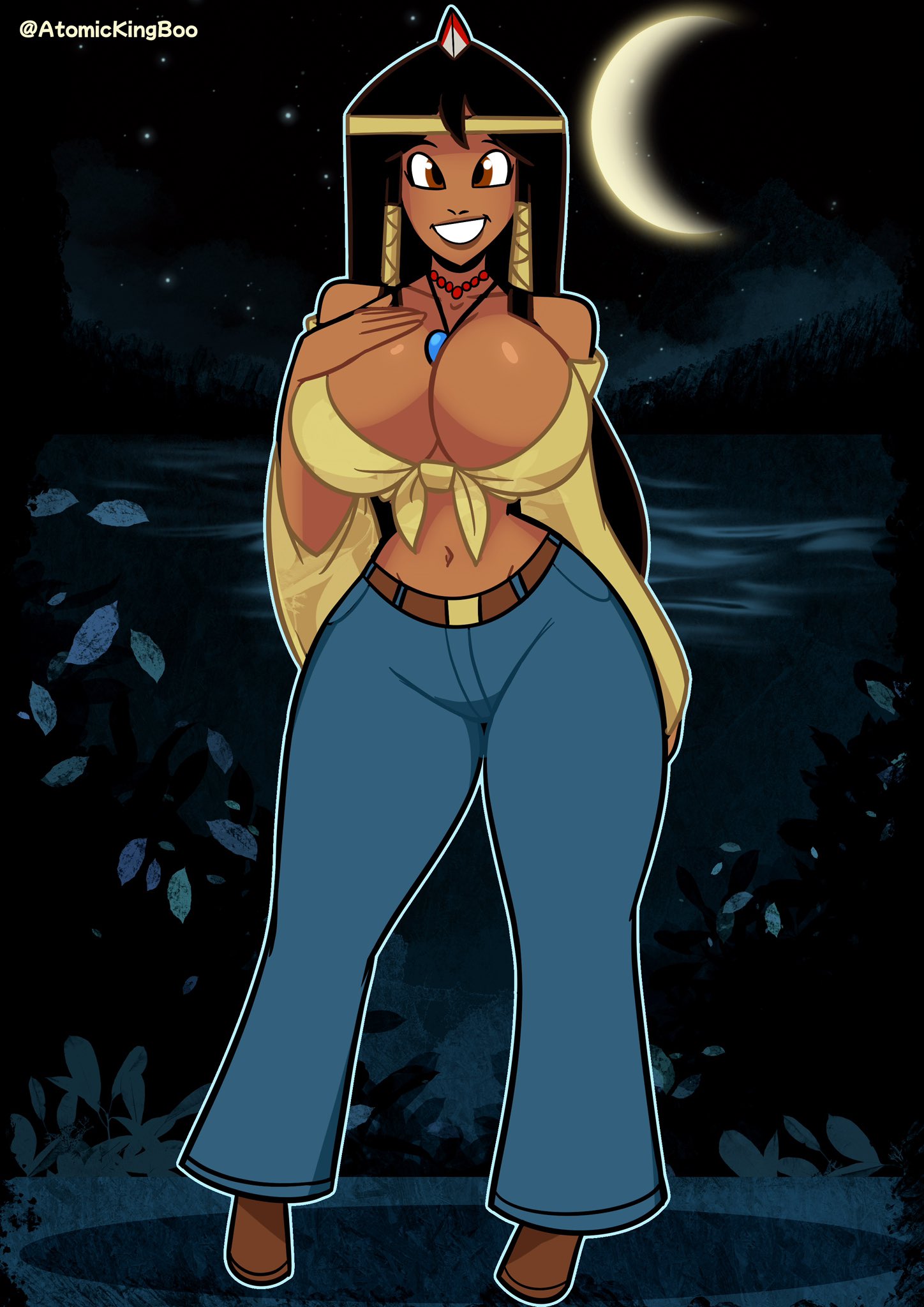 1girls, 2025, artist name, ass, atomickingboo, baggy clothing, baggy pants, bead necklace, beads, belt, belt buckle, bethany hummingbird, big ass, big breasts, boots, breasts, casual, casual clothes, clothed, clothed female, clothing, crescent, crescent moon, crop top, english, english text, feather in hair, feathers, feathers in hair, female, female focus, female only, fully clothed, fully clothed female, headdress, jeans, midriff, moon, native american, native american female, native american headdress, necklace, oc, original, original character, softcore, solo, solo female, solo focus, tan body, tan skin, tan-skinned female, text, thick thighs, thighs