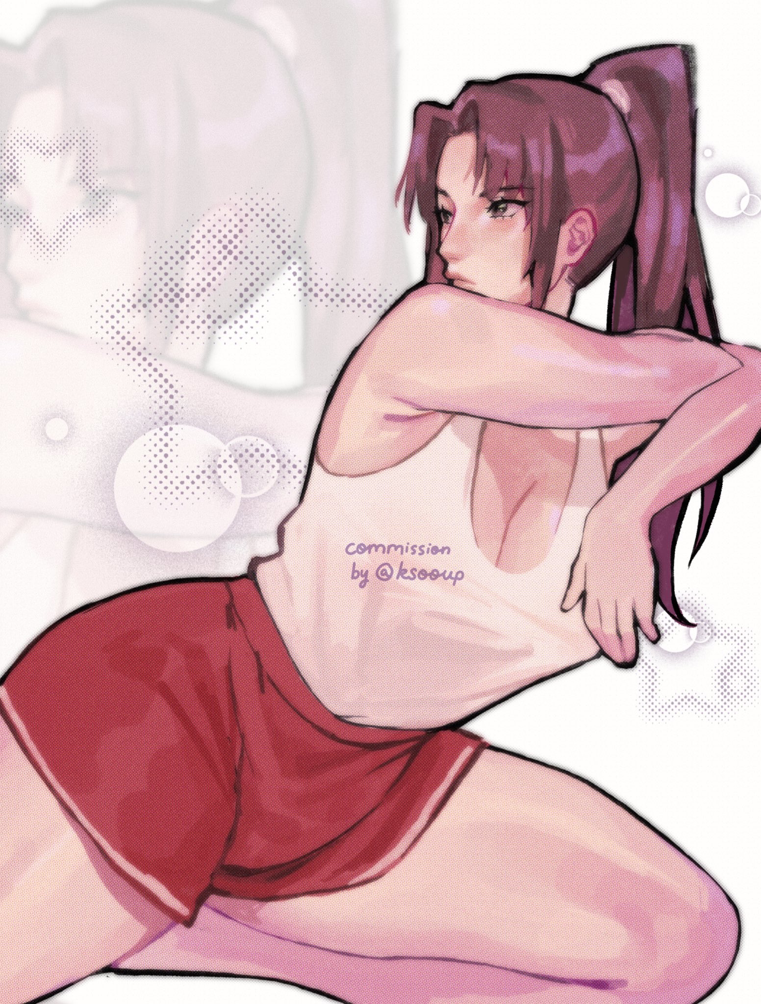 big breasts, breasts, brown hair, casual, casual clothes, cleavage, commission, fatal fury, female, ksooupart, looking away, lounging, mai shiranui, mai shiranui (casual), relaxing, sfw, shorts, street fighter, tank top, thick thighs, thighs, white tank top