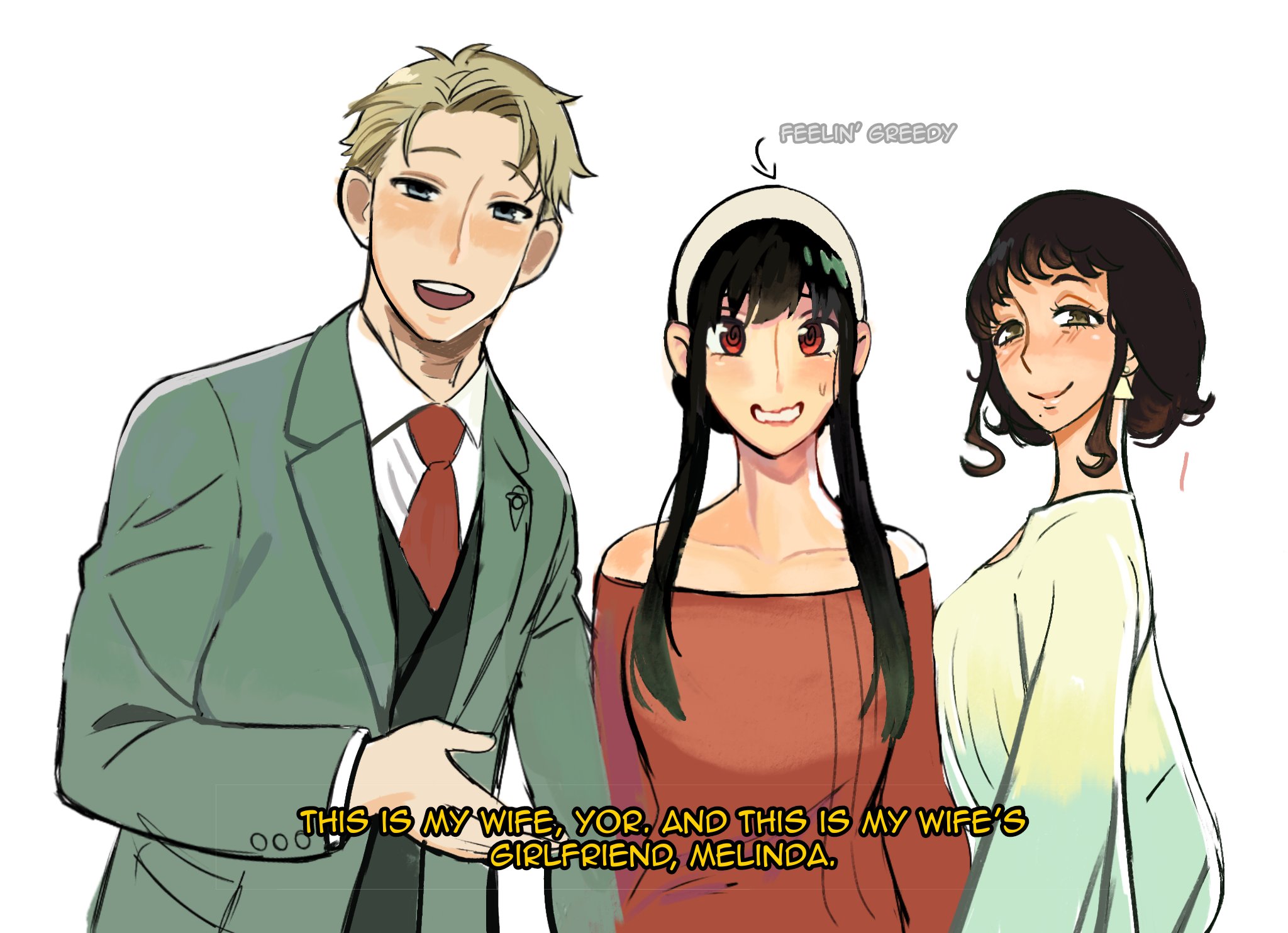 1boy, 2girls, beauty mark, black hair, blonde hair, blush, couple, earrings, english text, female, golden eyes, green suit, hairband, loid forger, long hair, male, mature female, melinda desmond, milf, mole under mouth, red dress, red eyes, short hair, spy x family, yor briar, yor forger, yuri