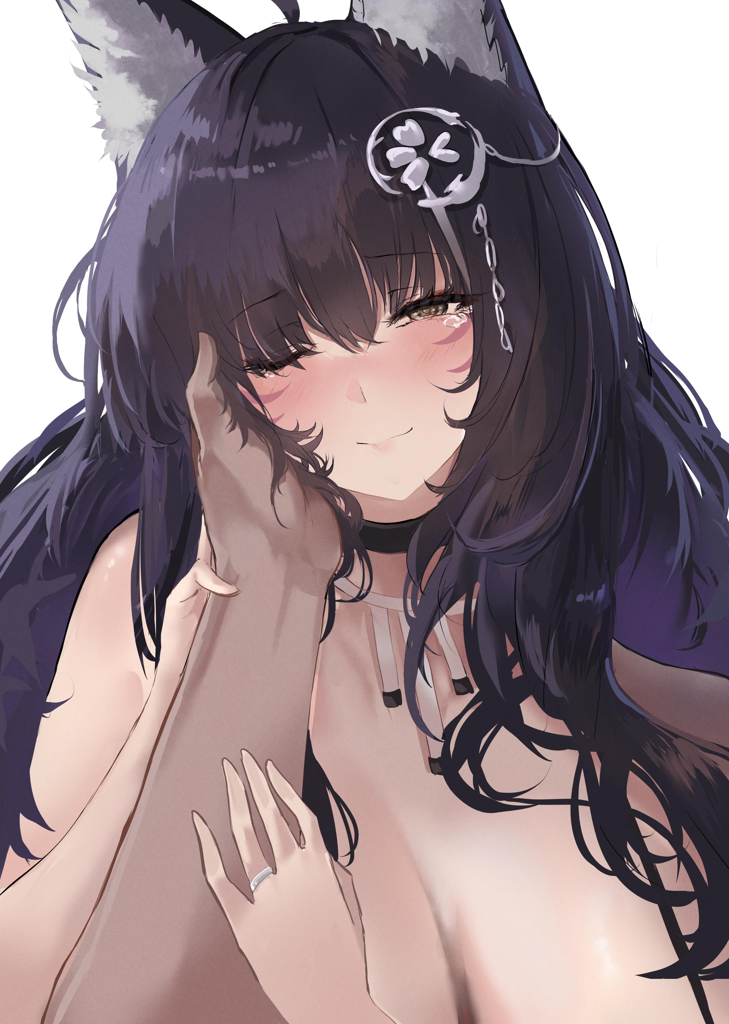 1boy, 1girls, ahoge, animal ear fluff, animal ears, azur lane, bare shoulders, black choker, black hair, blush, breasts, brown eyes, cg, choker, cleavage, closed mouth, dark skin, dark-skinned male, facial mark, female, fox ears, fox girl, hair ornament, hand on another's cheek, hand on another's face, happy tears, huge breasts, jewelry, large breasts, liaowen, light skin, light-skinned female, long hair, looking at viewer, magatama, male, male pov, musashi (azur lane), necklace, one eye closed, out of frame, pov, pov hands, purple hair, ring, sakura empire (azur lane), simple background, smile, solo focus, tears, upper body, wedding ring, whisker markings, white background, yellow eyes