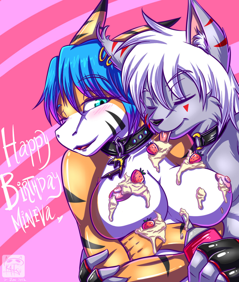 anthro birthday blue_hair breasts collars cream feline female fish food_play fur furry gloves katsuke licking male marine mineva nipples nude shark strawberry tongue