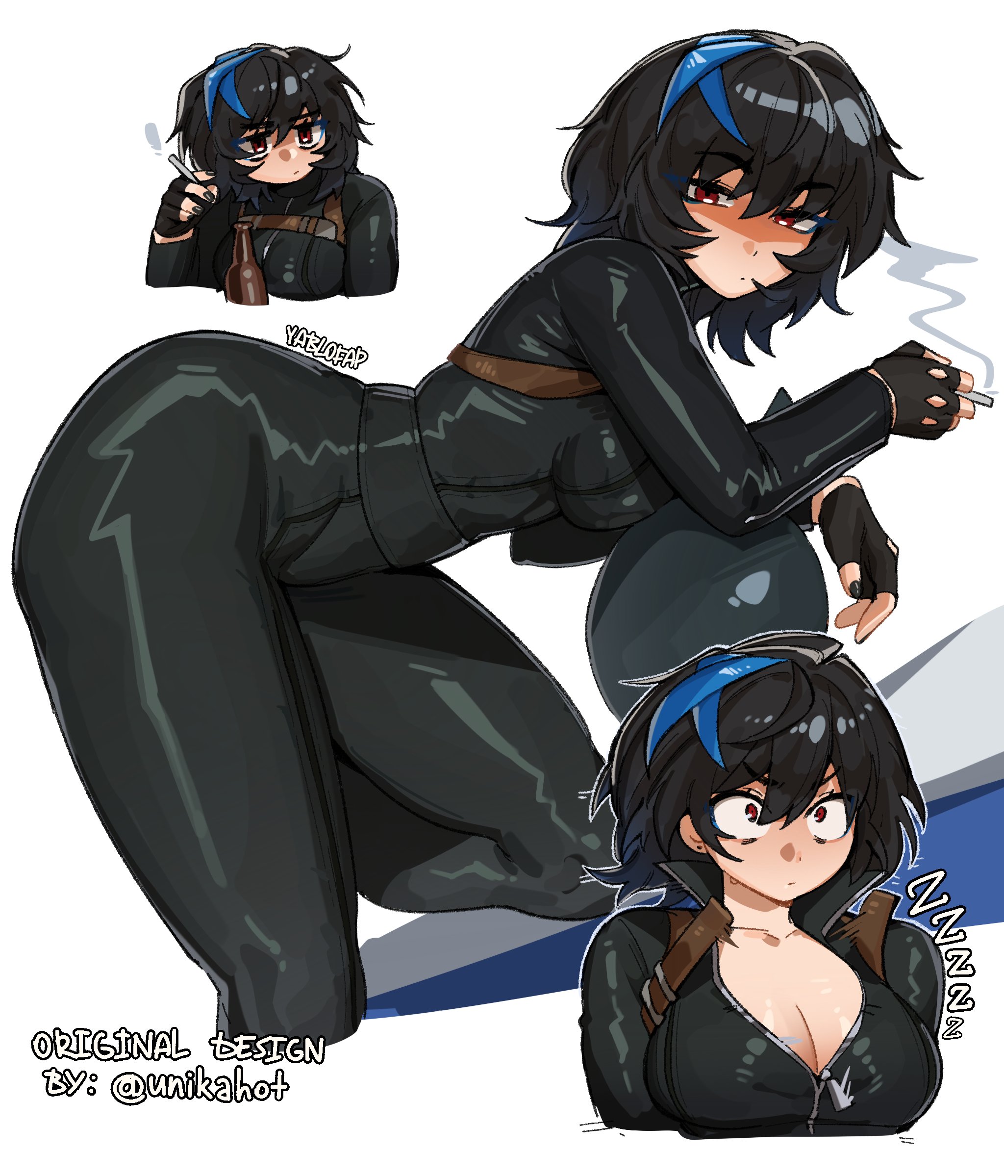 1girls, artist name, black bodysuit, black gloves, black hair, black nails, blue hair, blue streaks, blush, bodysuit, bottle, breasts, cigarette, closed mouth, commentary, english commentary, female, fingerless gloves, gloves, guilty gear, guilty gear strive, guilty gear strive: dual rulers, highres, holding, holding cigarette, looking at viewer, multicolored hair, nail polish, open clothes, red eyes, shiny clothes, short hair, simple background, solo, streaked hair, unika (guilty gear), yablofap, zipper pull tab, zzz
