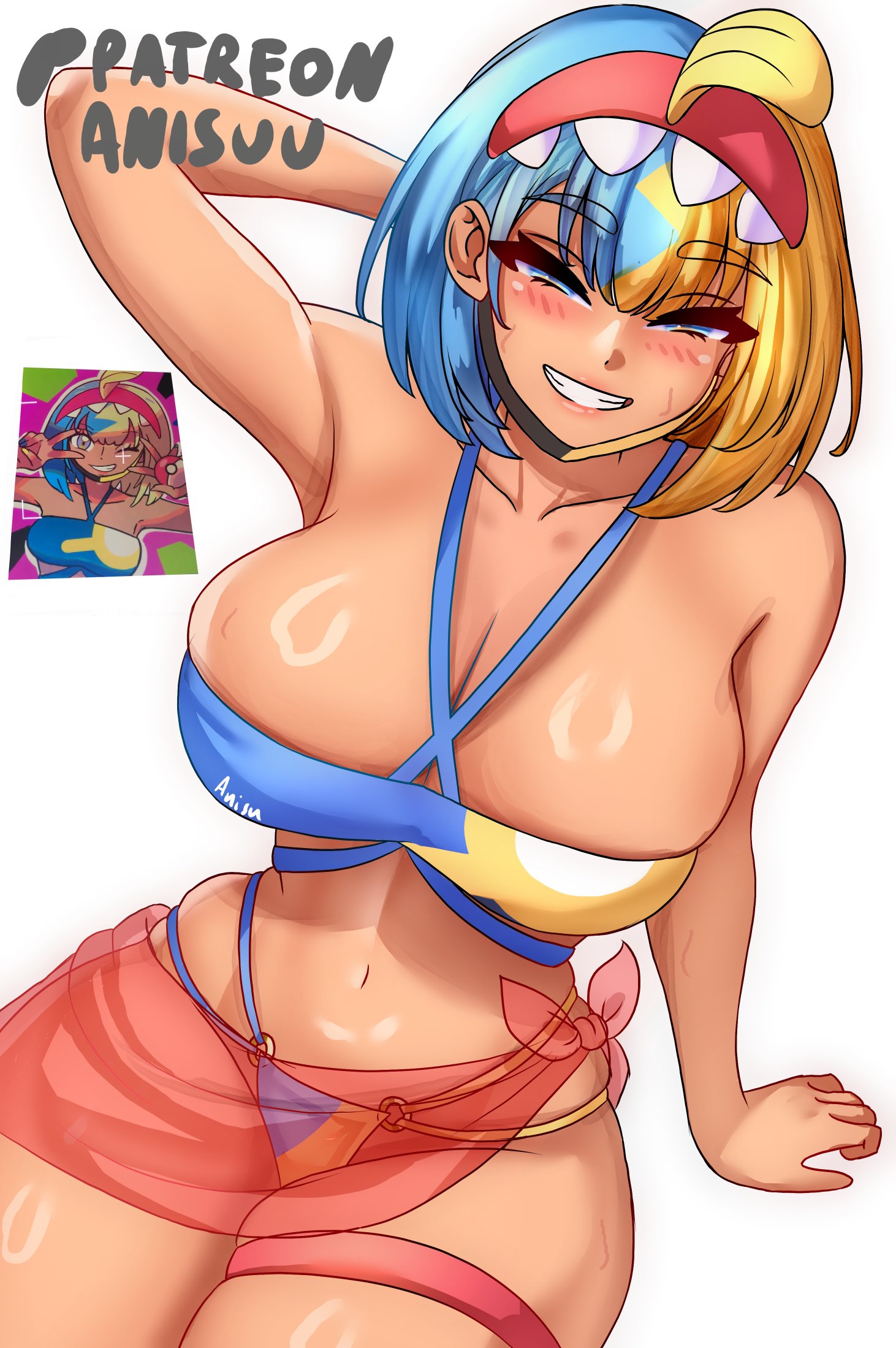 1girls, anisdrawn, armpits, ass, athletic, athletic female, breasts, canari (pokemon), canari (pokemon) (swimsuit), canary (pokemon), face mask, facemask, female, female focus, female only, gyaru, kusogaki, large breasts, looking at viewer, mask, mask pull, multicolored hair, multicolored mask, nintendo, pokemon, pokemon legends: z-a, solo, streamer, swimsuit, thick thighs, thighs, two-tone mask, wide hips