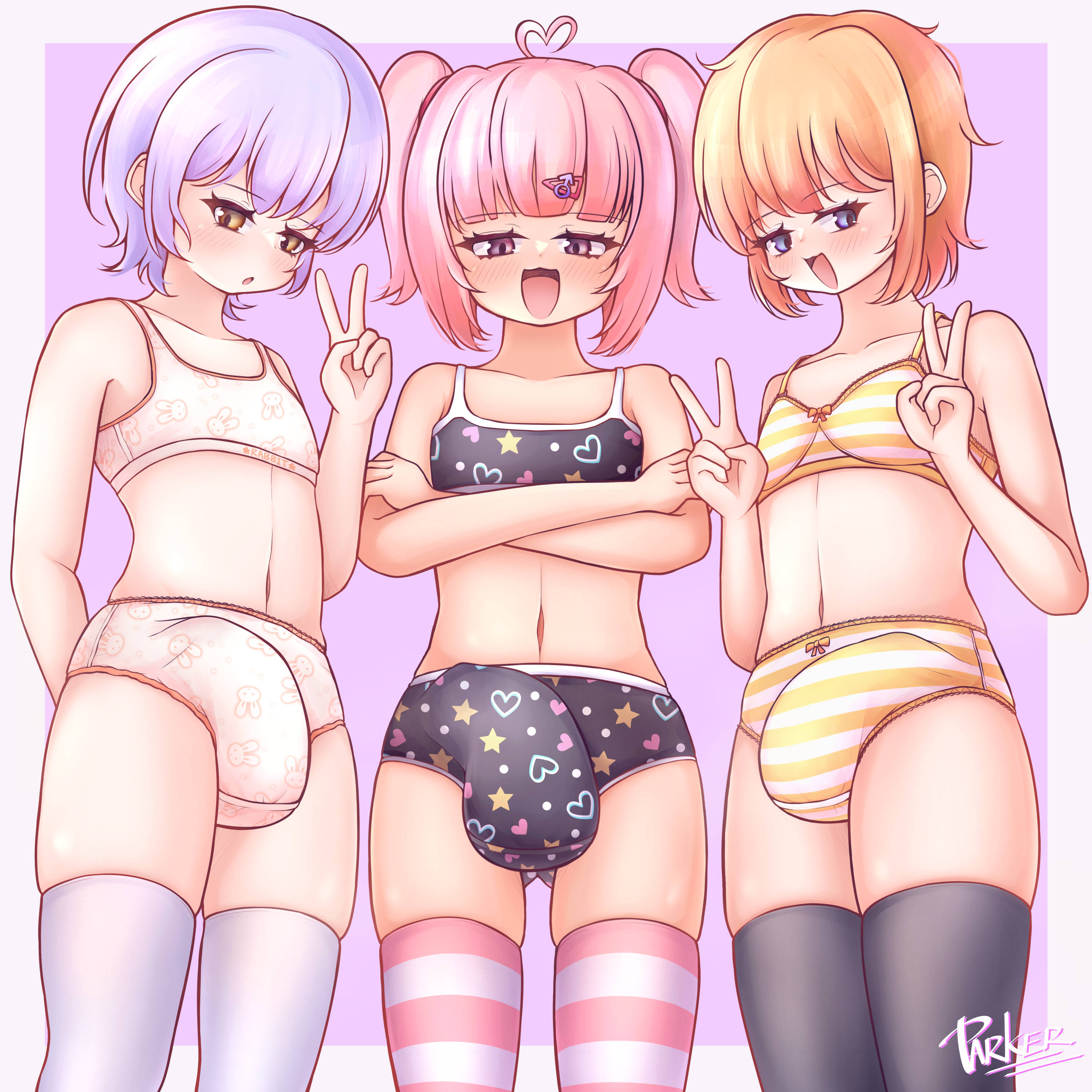3boys, 3femboys, balls, barely contained, big balls, big bulge, big penis, bra, bulge, crossed arms, cute panties, femboy, huge balls, huge bulge, huge cock, hung femboy, hung trap, imminent fellatio, imminent sex, looking at viewer, looking down at viewer, low angle, male, male only, male symbol, otoko no ko, panties, parker (noparking2310), parking, pattern underwear, peace sign, penis, pink hair, purple hair, shy, skirt, smug, sports bra, striped legwear, thighhighs, this is your life now, trap, twink, twintails, underwear, victory sign