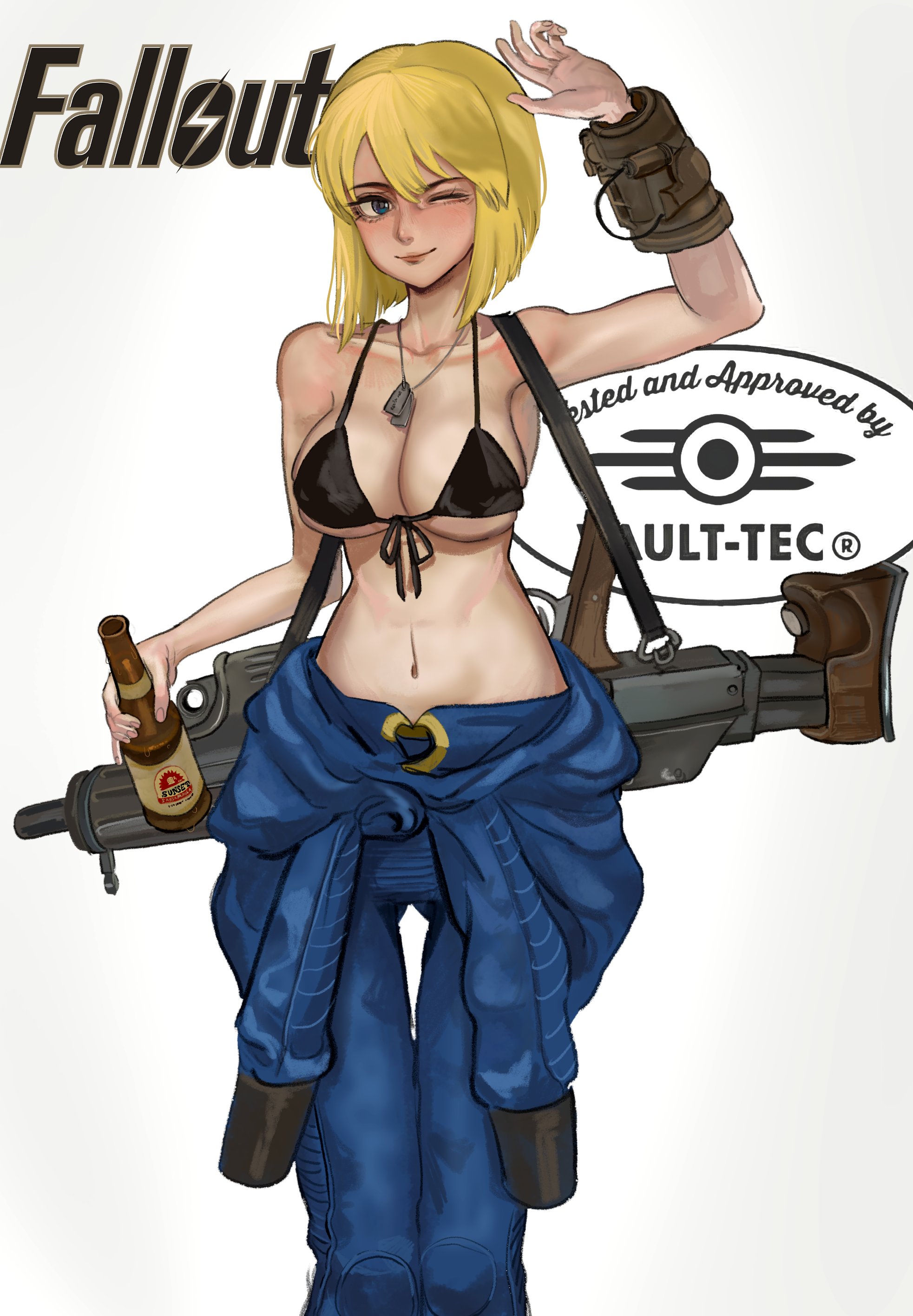 101ho, 1girls, 2025, 2d, 2d (artwork), assault rifle, assault rifle (fallout 4), background text, big breasts, bikini top, black bikini, black bra, blonde female, blonde hair, blonde-haired female, blue eyes, bra, breasts, dogtags, english text, fallout, female, female only, gun, human, human only, light skin, light-skinned female, lipstick, nuka-cola, one eye closed, pip-boy, pose, questionable, rifle, shielding eyes, short hair, solo, solo female, text, vault dweller, vault girl, vault meat, vault suit, weapons, white body, white skin