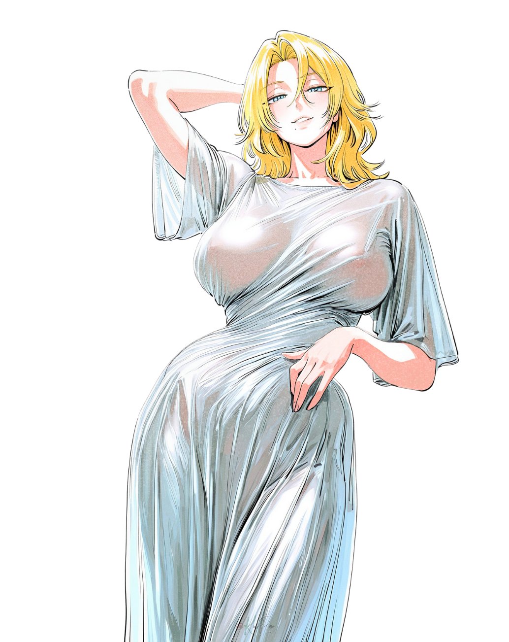 1girls, ai generated, animerch, areola, areolae, arm behind head, arm up, artist logo, artist signature, big breasts, bleach, blonde hair, blue eyes, breast focus, breasts, busty, clothing, covered nipples, curvaceous, curvy, digital media (artwork), dress, fanart, female, female focus, female only, from below, hair between eyes, highres, large breasts, light skin, light-skinned female, long hair, looking at viewer, matsumoto rangiku, mole, mole under mouth, nipples, no bra, parted lips, pink nipples, power of women dress, seductive smile, see-through, see-through clothing, see-through dress, see-through silhouette, shiny hair, shiny skin, simple background, smile, solo, solo female, solo focus, standing, sydney sweeney, teasing, transparent dress, uncensored, voluptuous, white background, white dress, wide sleeves