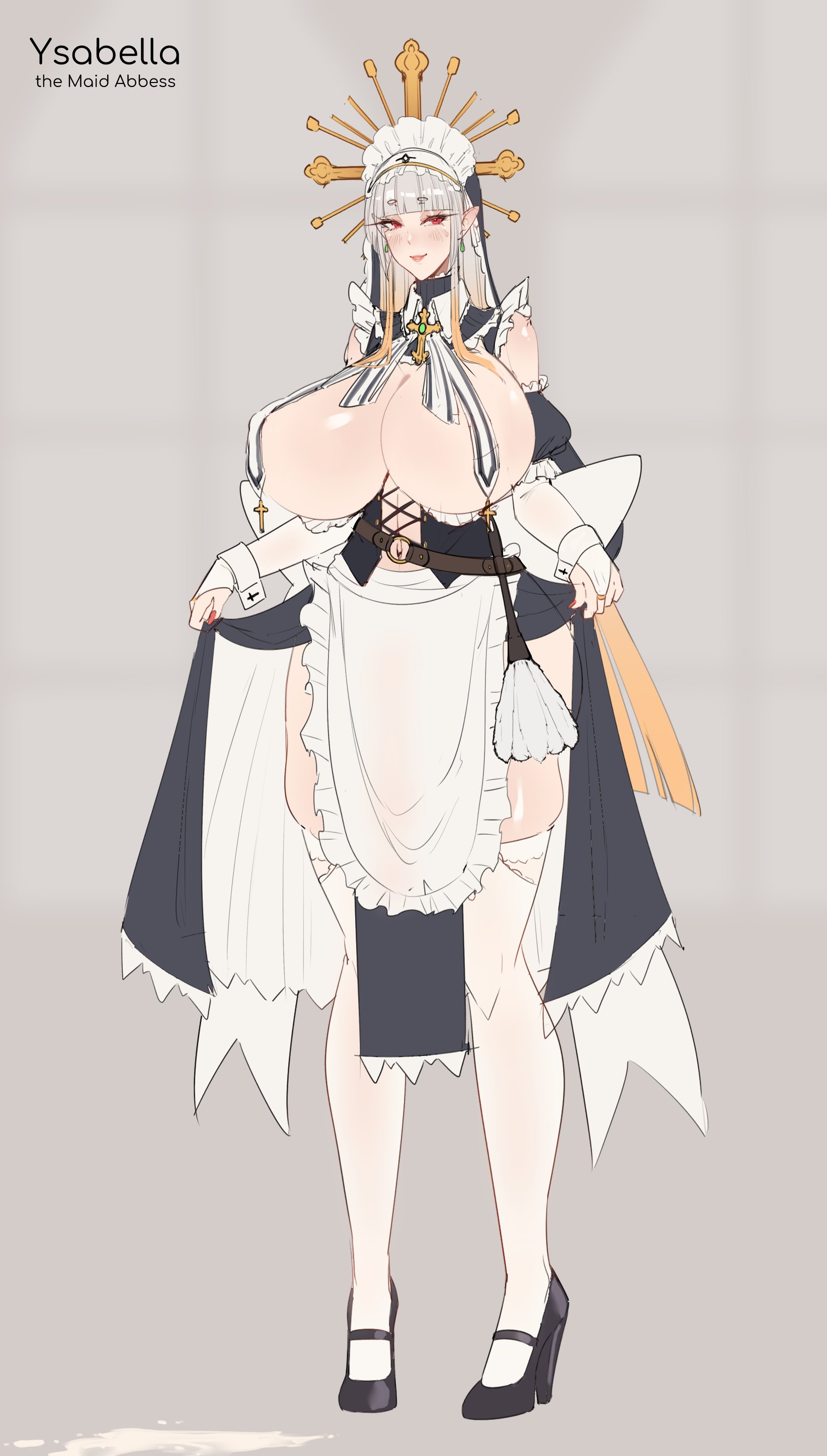 big breasts, breasts, covered nipples, female, high heels, kdxyon, maid, maid headdress, maid uniform, nun