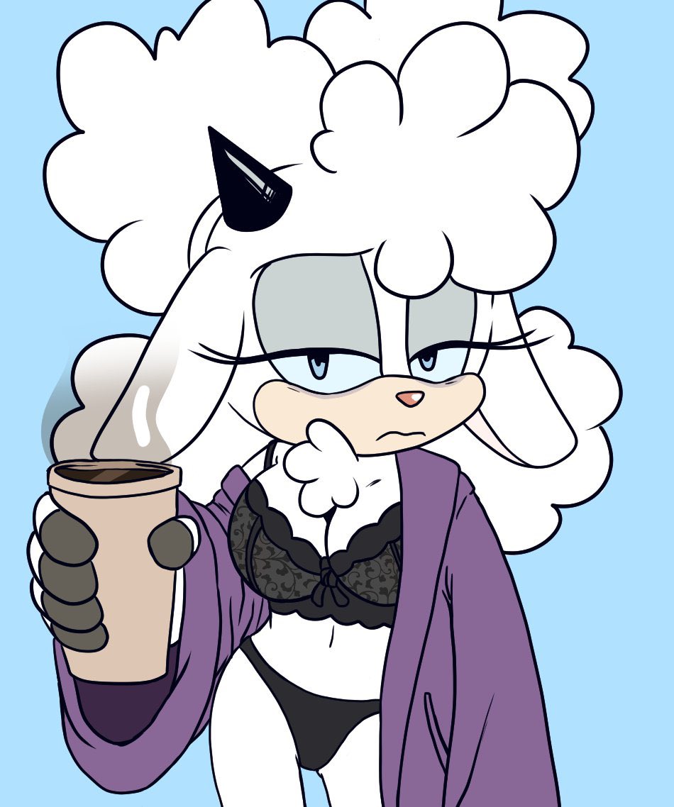blue eyes, breasts, cintraarts, coffee, dressing gown, eyeshadow, female, lanolin the sheep, large breasts, large hips, lingerie, mobian, mobian (species), robe, sheep, sonic (series), sonic the hedgehog (comics), sonic the hedgehog (idw), sonic the hedgehog (series), tired, tired eyes, white hair, wool (fur)