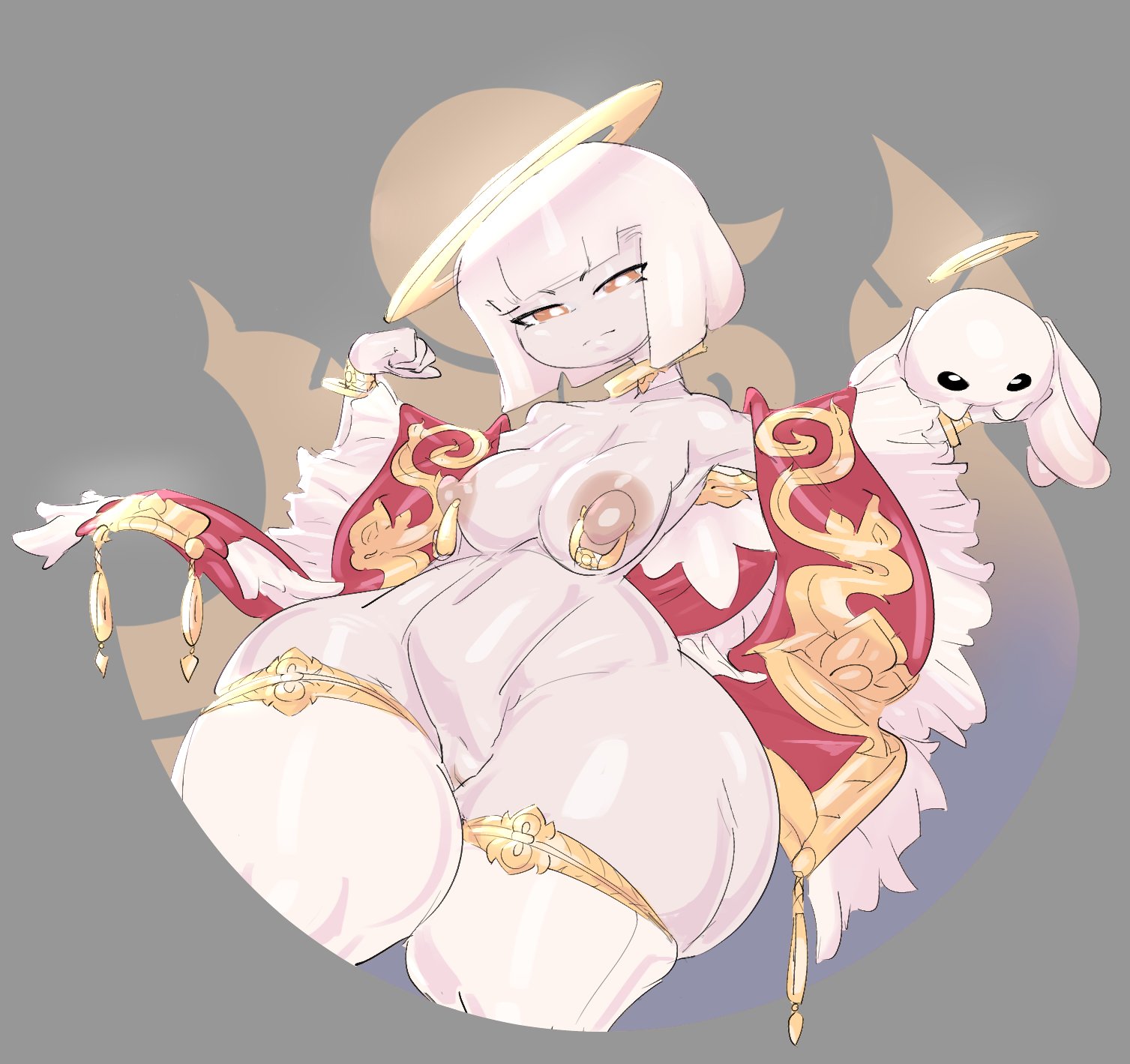 1girls, angel, angel (otalewda), angel wings, animal, bitlings (otalewda), boobs, bracelet, bracelets, breasts, collar, female, golden eyes, halo, nipple piercing, nipples, ray54612277, short hair, simple background, skindentation, stockings, thick thighs, thighs, white body, white hair, white skin, wide hips