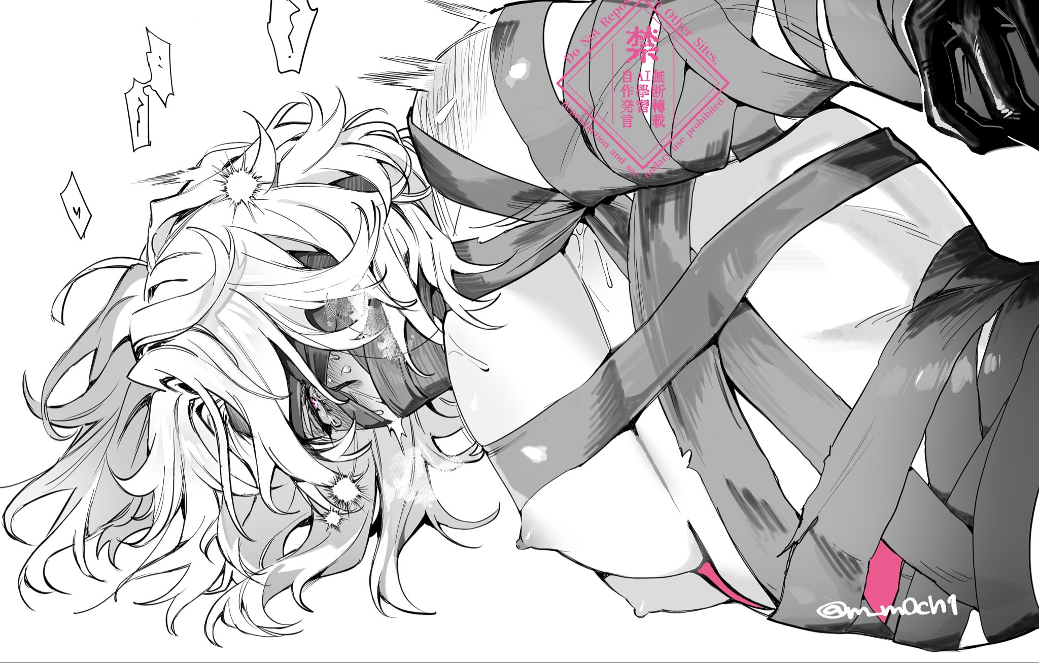 1boy, bandage, bandages, bandages around chest, embarrassed, gay, genshin impact, male, male only, nipples, perky nipples, rerir (genshin impact), sweat, white hair, yaoi