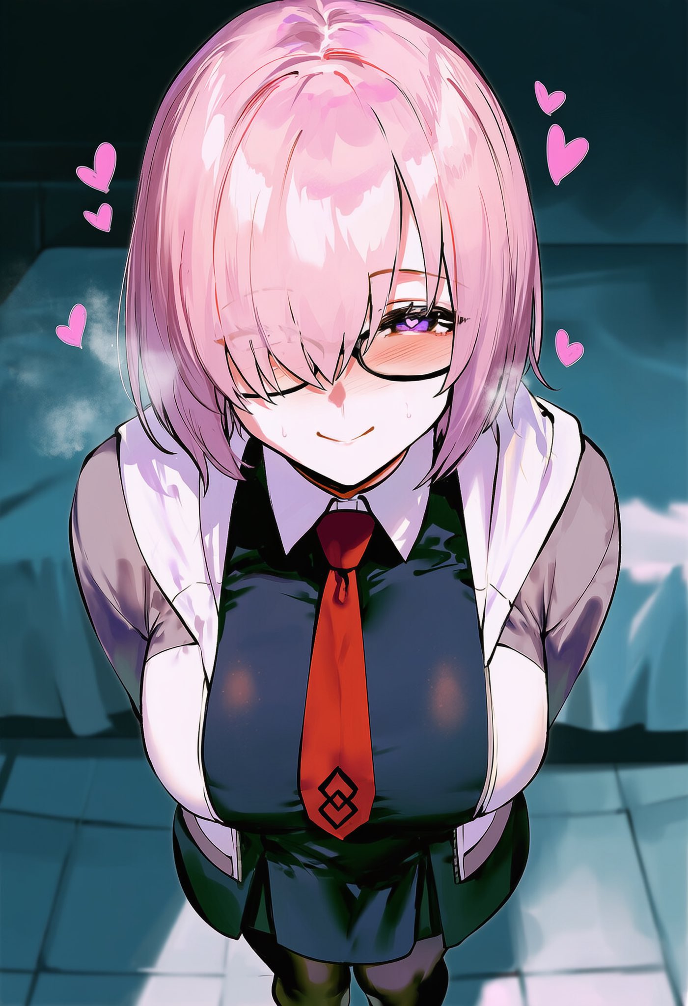 1girls, ai generated, arms behind back, black dress, black legwear, black-framed eyewear, blurry, blurry background, blush, breasts, closed mouth, eyebrows visible through hair, face focus, fate (series), fate/grand order, female, female focus, female only, from above, full body, fully clothed, genlation, glasses, hair over one eye, heart, heart-shaped pupils, heavy breathing, hi res, hood, hoodie, horny, horny female, huge breasts, imminent sex, indoors, jacket, large breasts, light purple hair, looking at viewer, looking up, mash kyrielight, naughty face, necktie, novelai, pantyhose, perfect body, pov, purple eyes, purple hair, red neckwear, seductive, seductive body, seductive eyes, seductive gaze, seductive look, seductive smile, sfw, short dress, short hair, skirt, smile, solo, spoken heart, standing, sweat, thighhighs, tie, tile floor, tiles, type-moon, wide hips