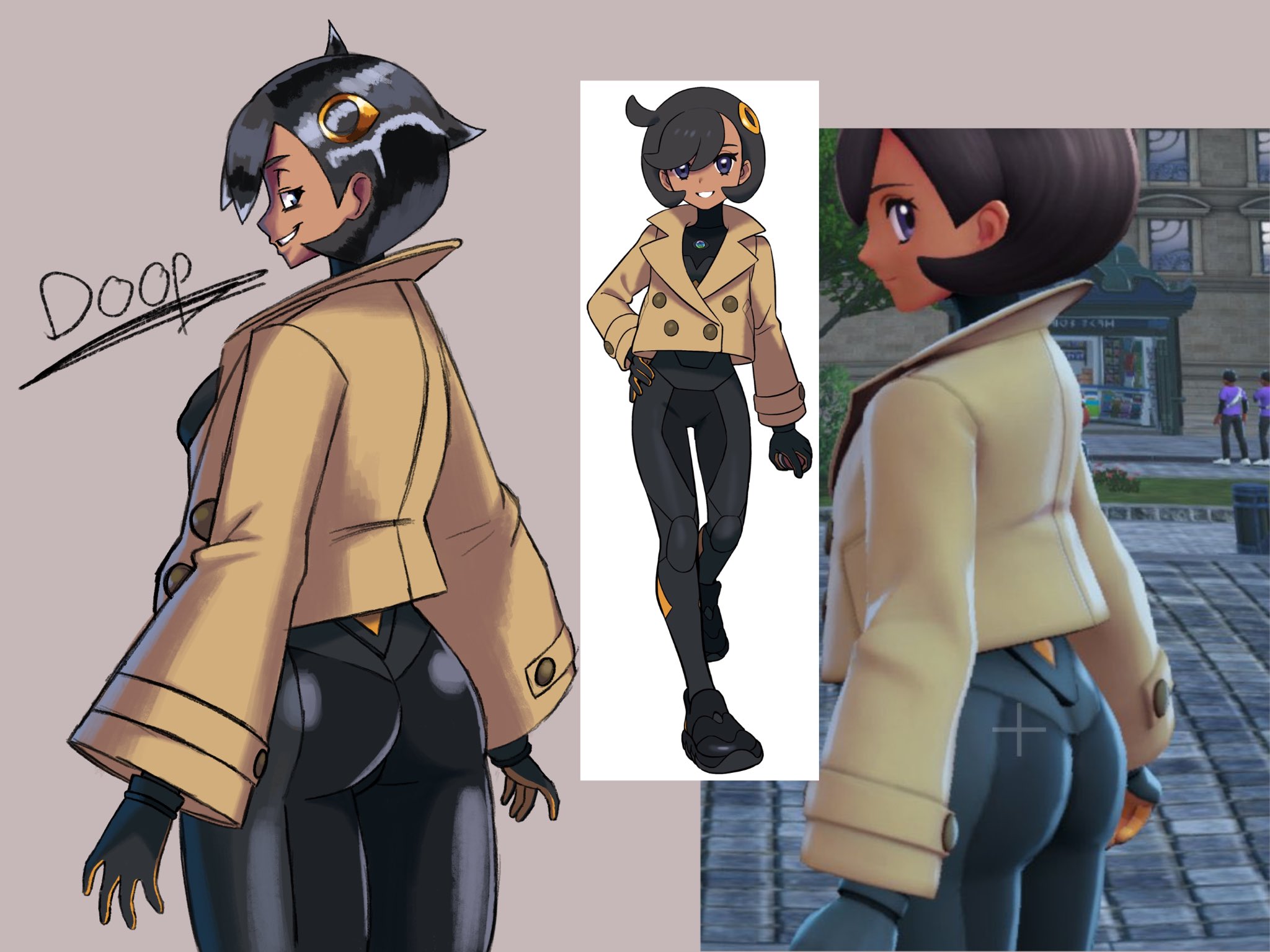1girls, ass, ass focus, big ass, black hair, bodysuit, clothing, dark skin, dark-skinned female, doopv12, emma (pokemon legends: z-a), emma (pokemon), female, female focus, female only, from behind, huge ass, jacket, looking back, matiere (pokemon legends: z-a), matiere (pokemon), nintendo, pokemon, pokemon legends: z-a, short hair, smile, solo, solo female, solo focus, thick, thick ass, thick thighs