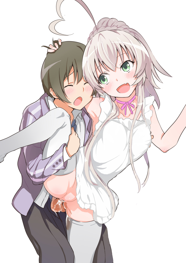 ahoge alternate_costume alternate_hairstyle blush brown_hair choker closed_eyes female green_eyes haiyore!_nyaruko-san namago nyarlathotep_(nyaruko-san) open_mouth penis school_uniform sex short_hair silver_hair thighhighs vaginal_penetration white_legwear yasaka_mahiro